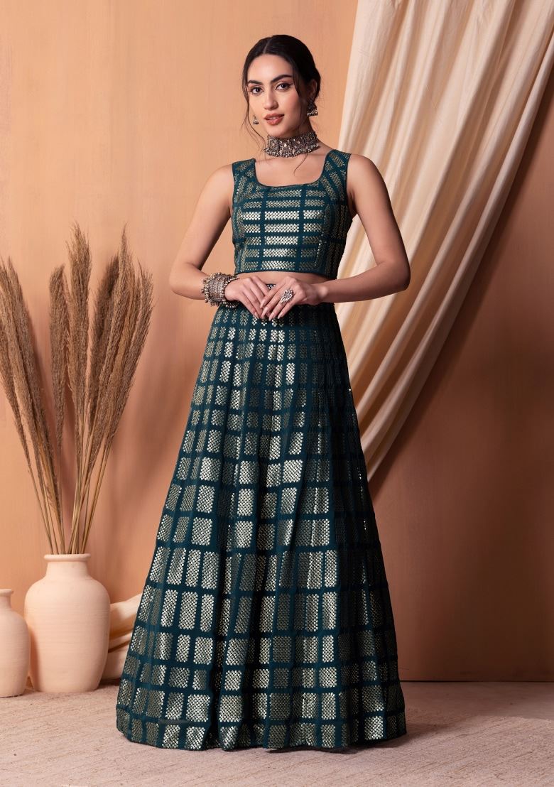Teal Blue Georgette Lehenga Choli With Sequins & Thread Embroidery Work