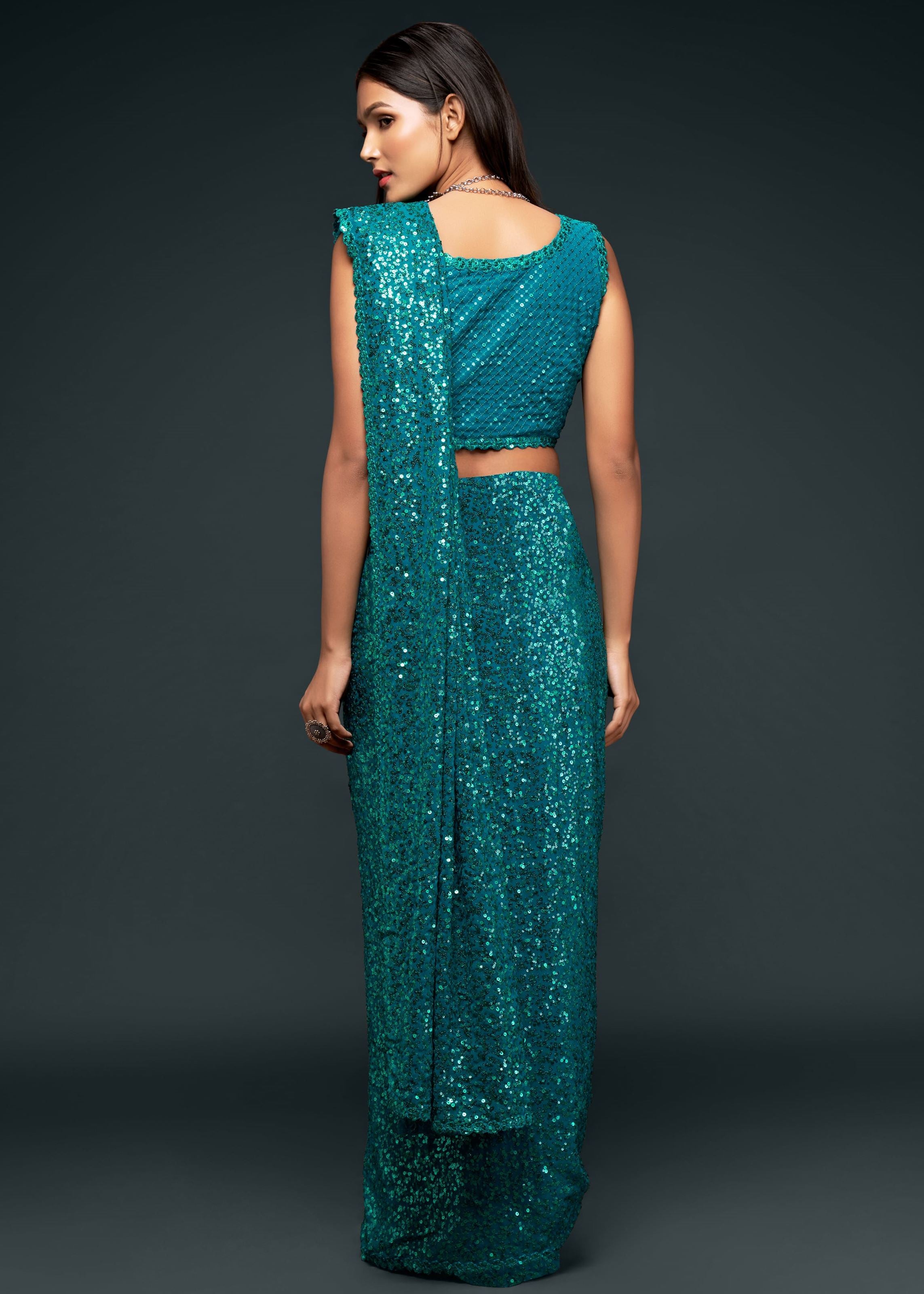 Teal Blue Georgette Saree with Thread Embroidery and Sequins Work