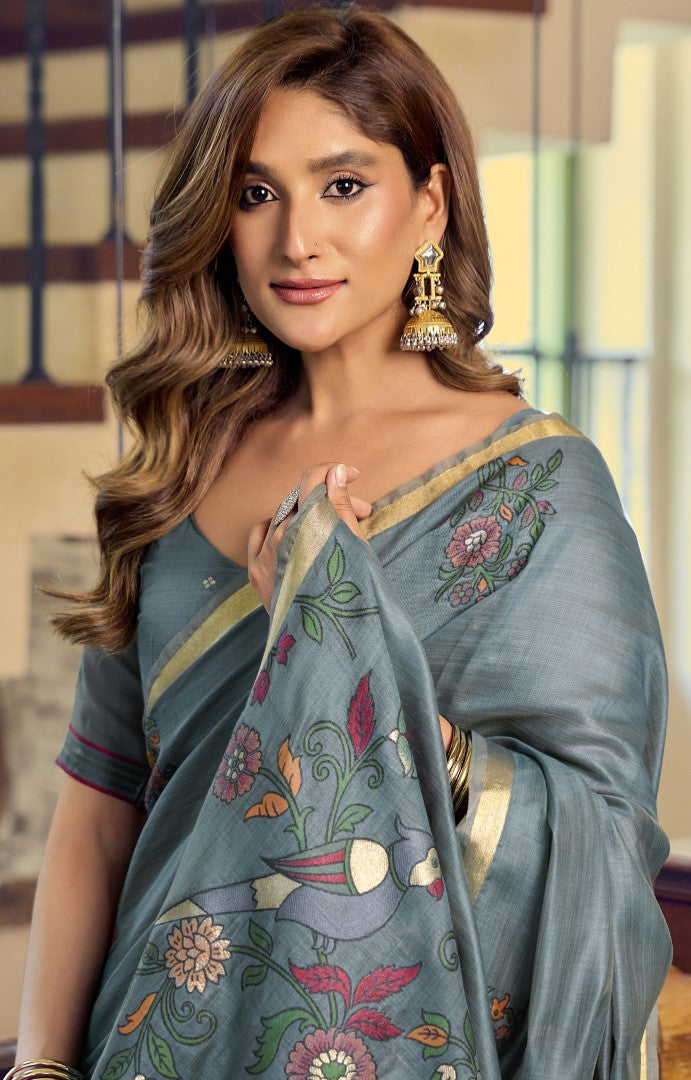 Teal Blue Kolkata Cotton Saree with Litchi Work & Fancy Tassels