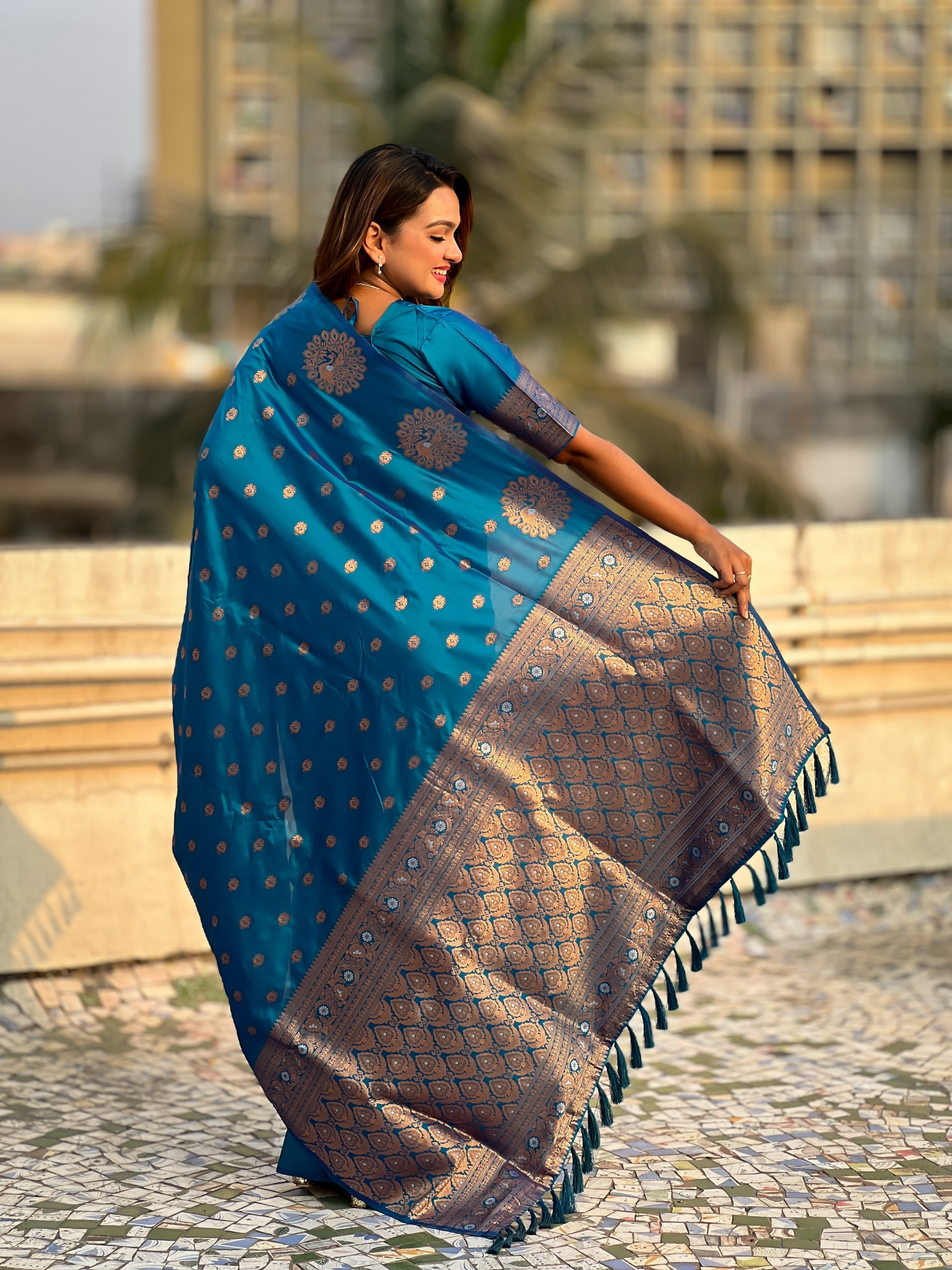 Teal Blue Moonga Silk Woven Dual Jari Peacock Designer Heavy Festive Wear Saree