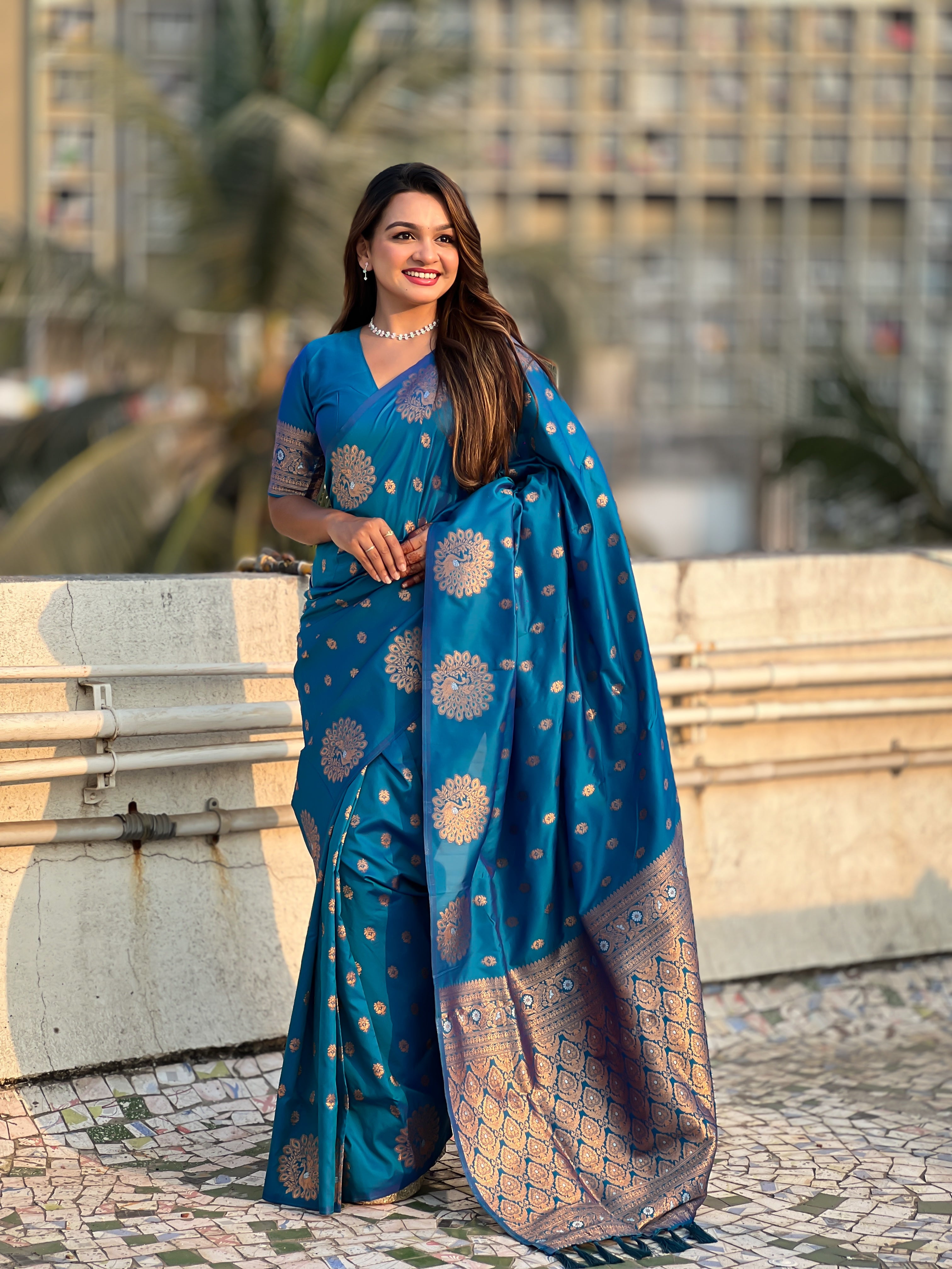 Teal Blue Moonga Silk Woven Dual Jari Peacock Designer Heavy Festive Wear Saree