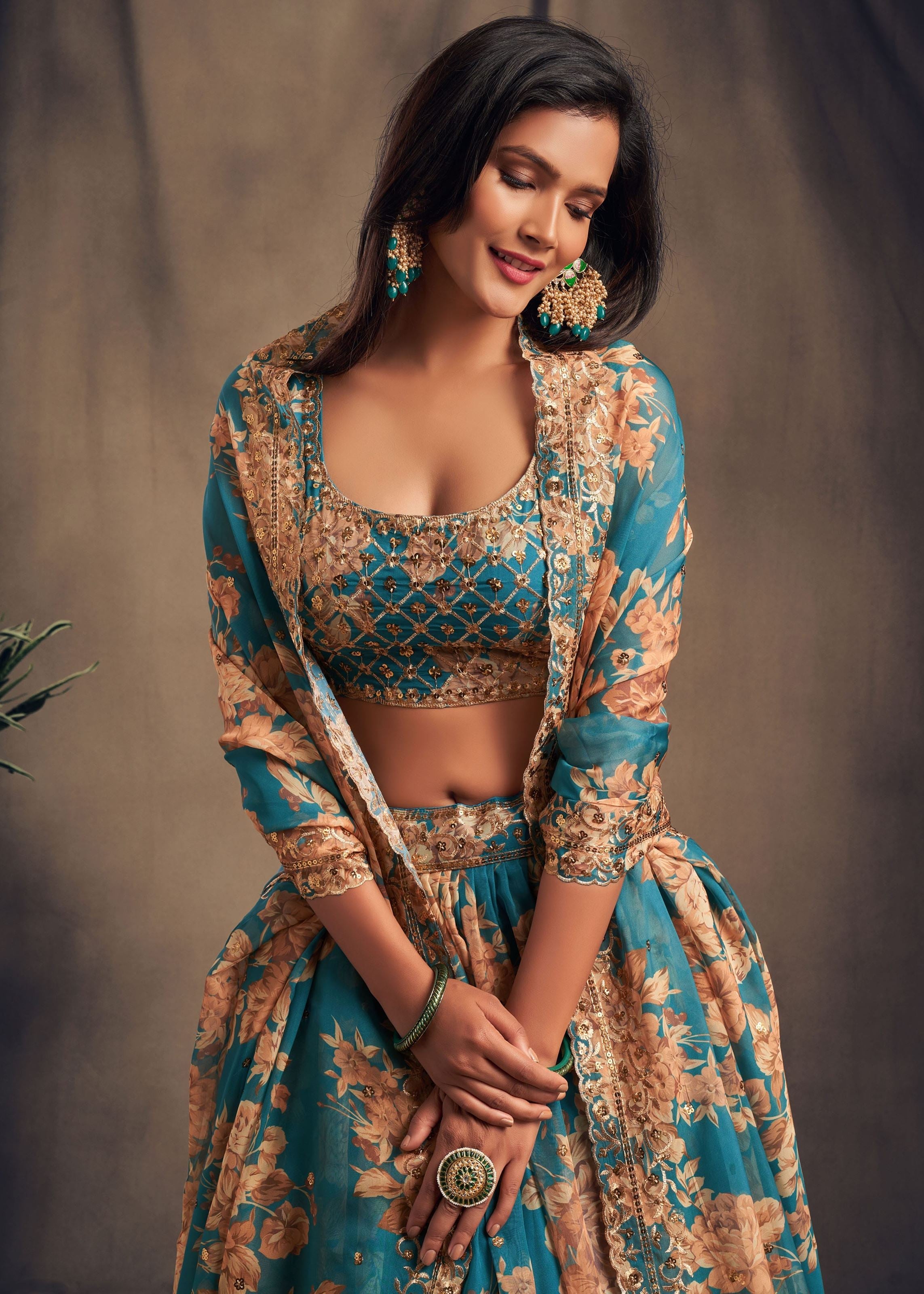 Teal Blue Organza Lehenga Choli With Sequins Zari Embroidery Work