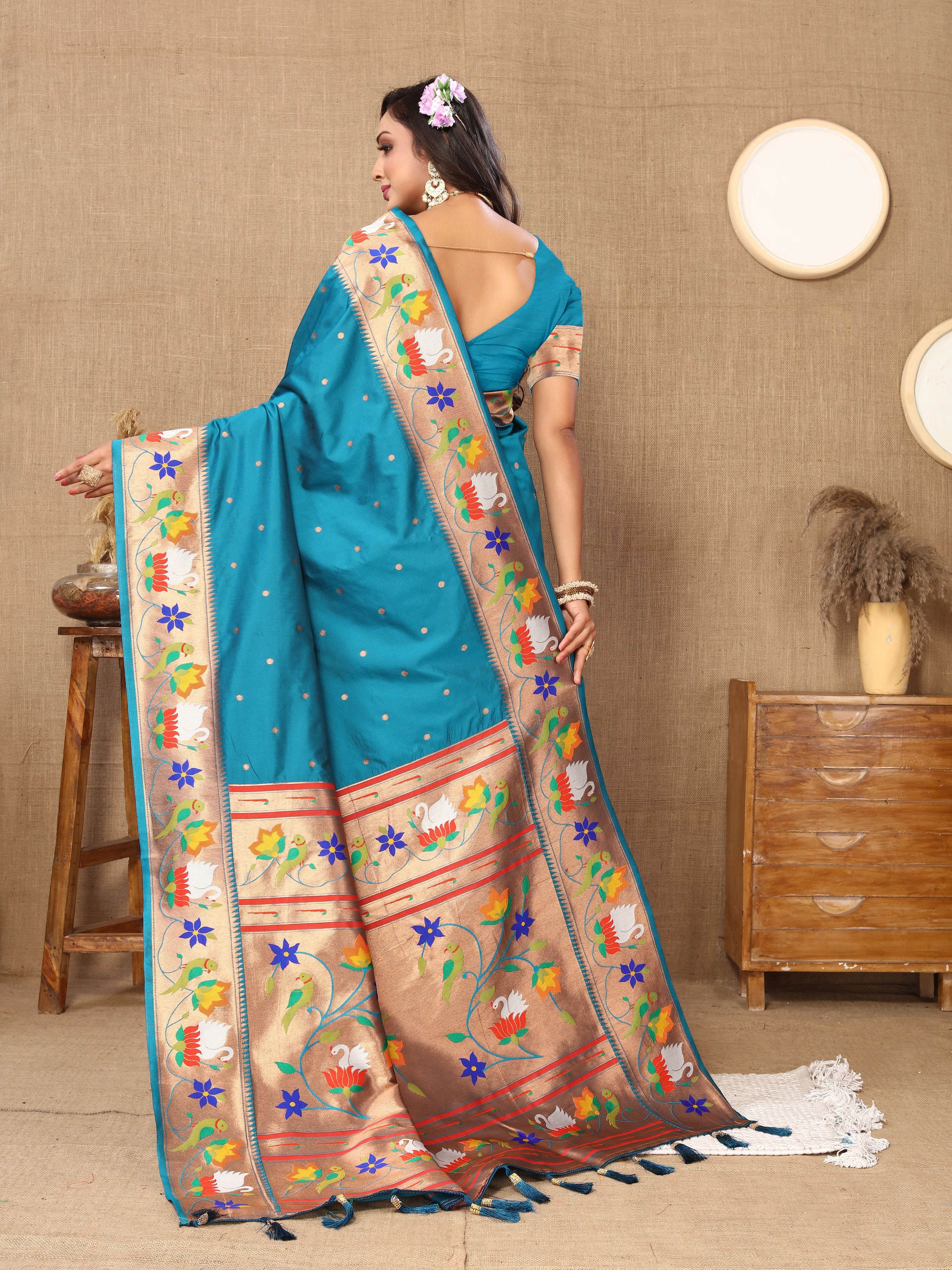 Teal Blue Paithani Silk Woven Meenakari Paithani Designer Saree