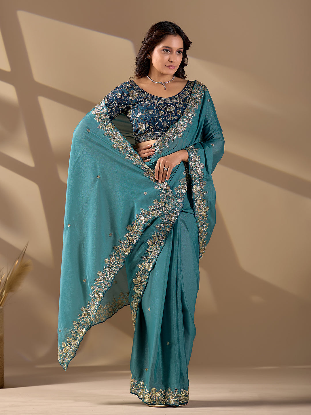 Teal Blue Rangoli Silk Designer Saree With Sequins Embroidery