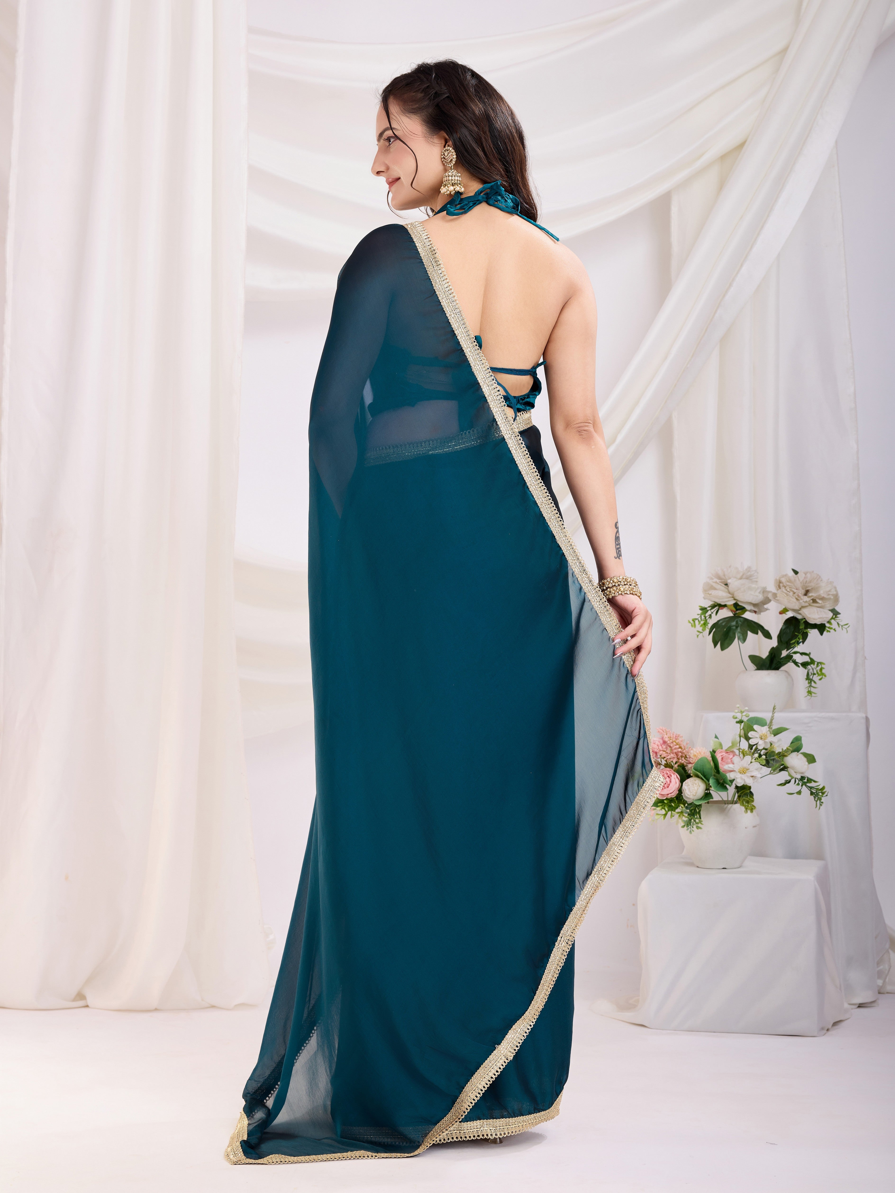 Teal Blue Rangoli Silk Pre Stitched Solid Printed Saree With Lace Border