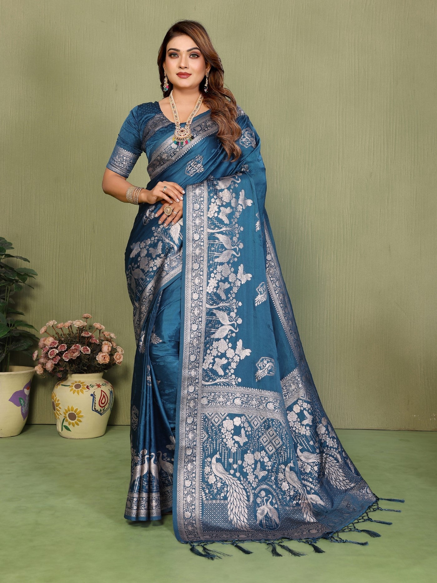 Teal Blue Satin Silk Saree With Elegant Zari Weaving Butta