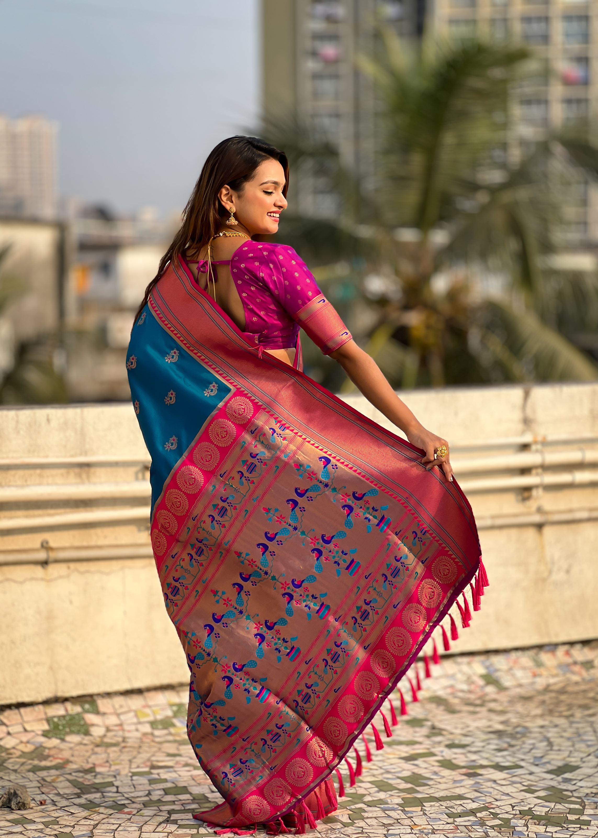 Teal Blue Silk Blend Paithani Saree With Woven Work