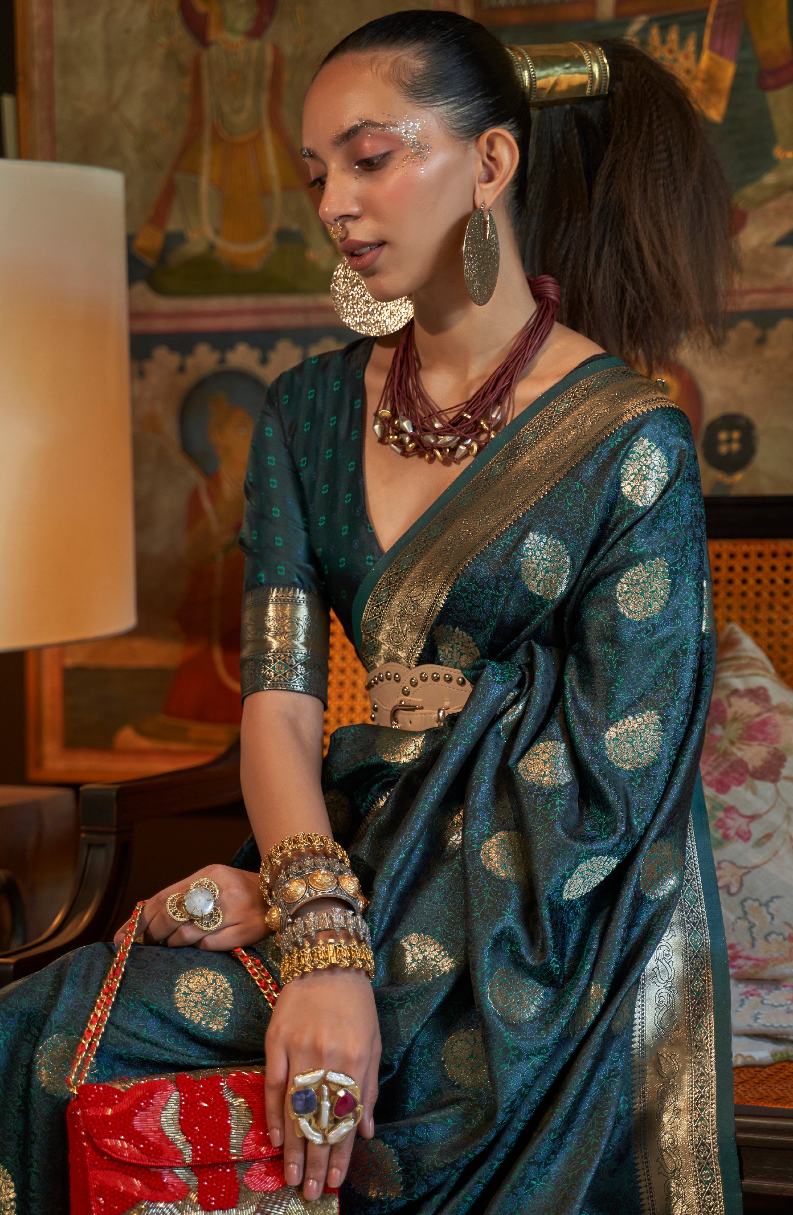 Teal Blue Silk Saree with Jacquard Woven Work