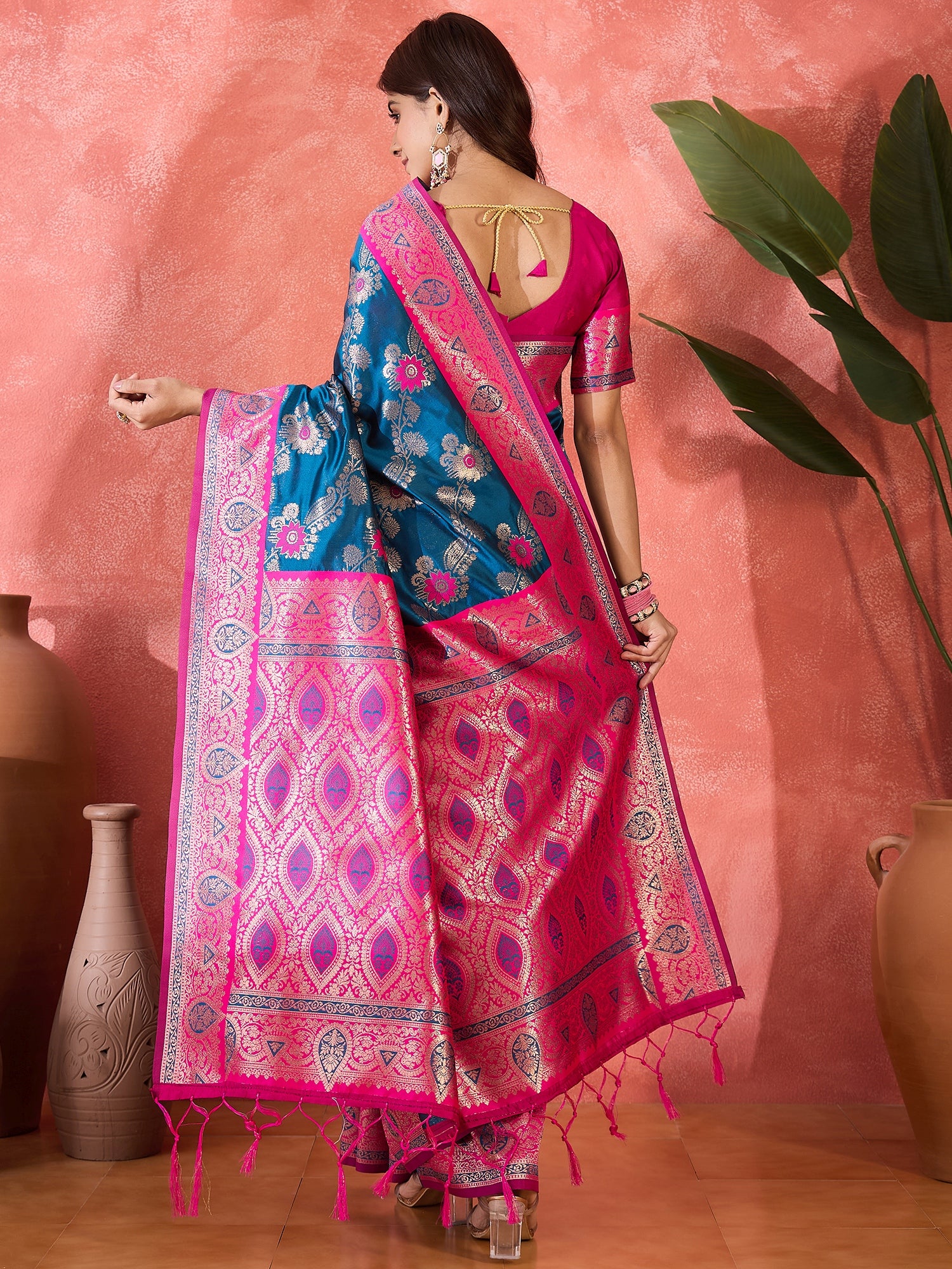 Teal Blue Silk Woven Designer Partywear Ethnic Silk Saree