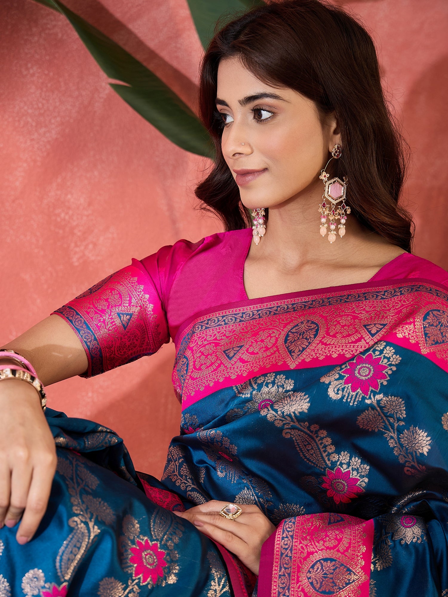 Teal Blue Silk Woven Designer Partywear Ethnic Silk Saree