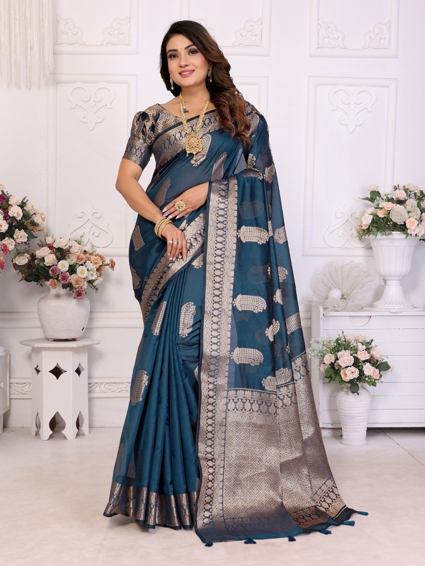 Teal Blue Soft Organza Silk Saree With Elegant Weaving