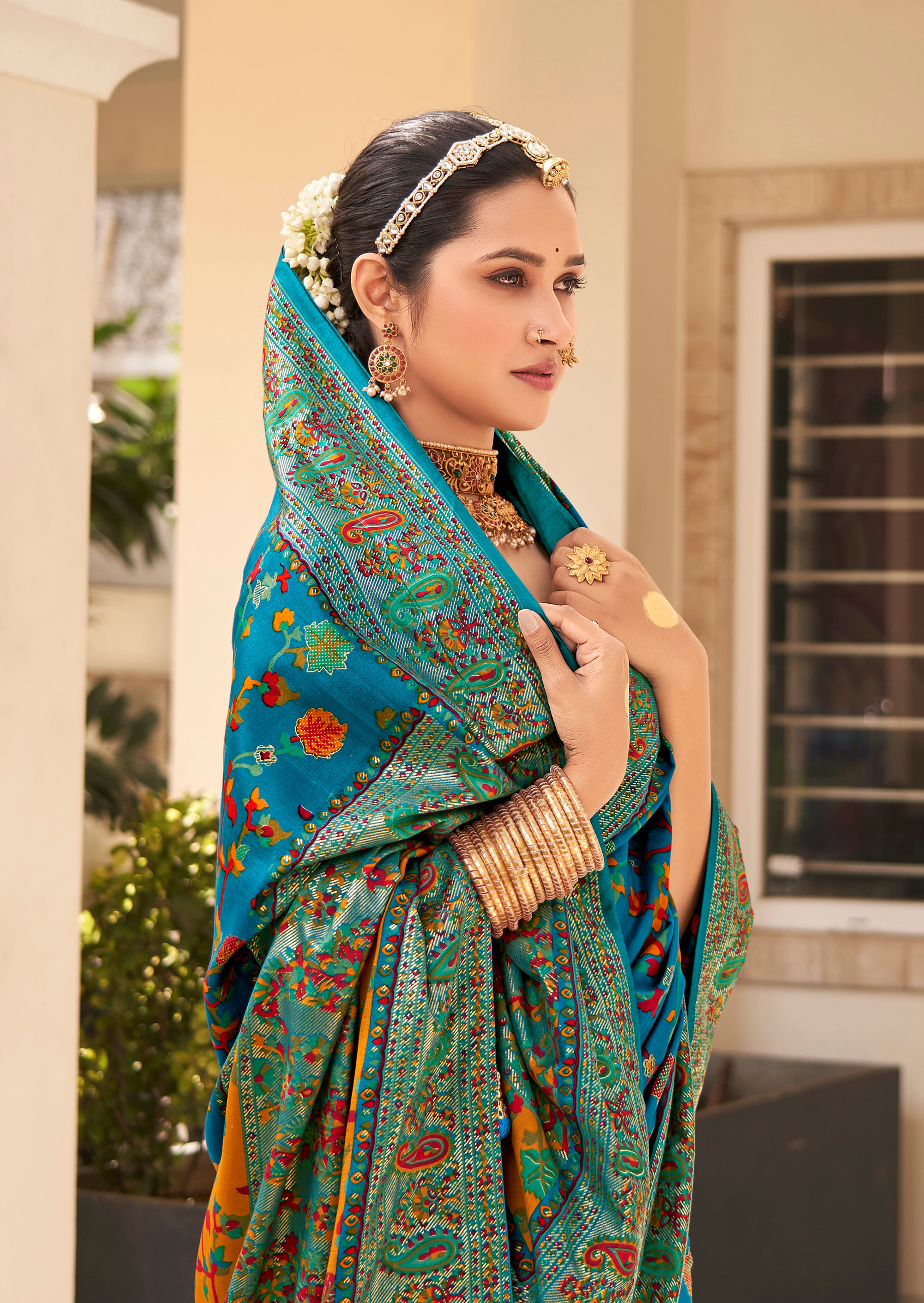 Teal Blue Velvet Tussar Silk Woven Designer With Floral Printed Ethnic Wedding Wear Saree