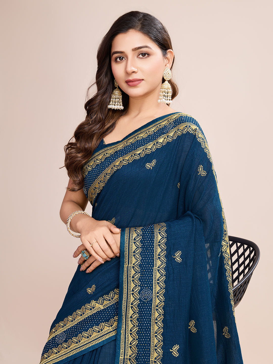 Teal Blue Vichitra Silk Girlie Looks Designer Embroidery Work Wedding Season Saree