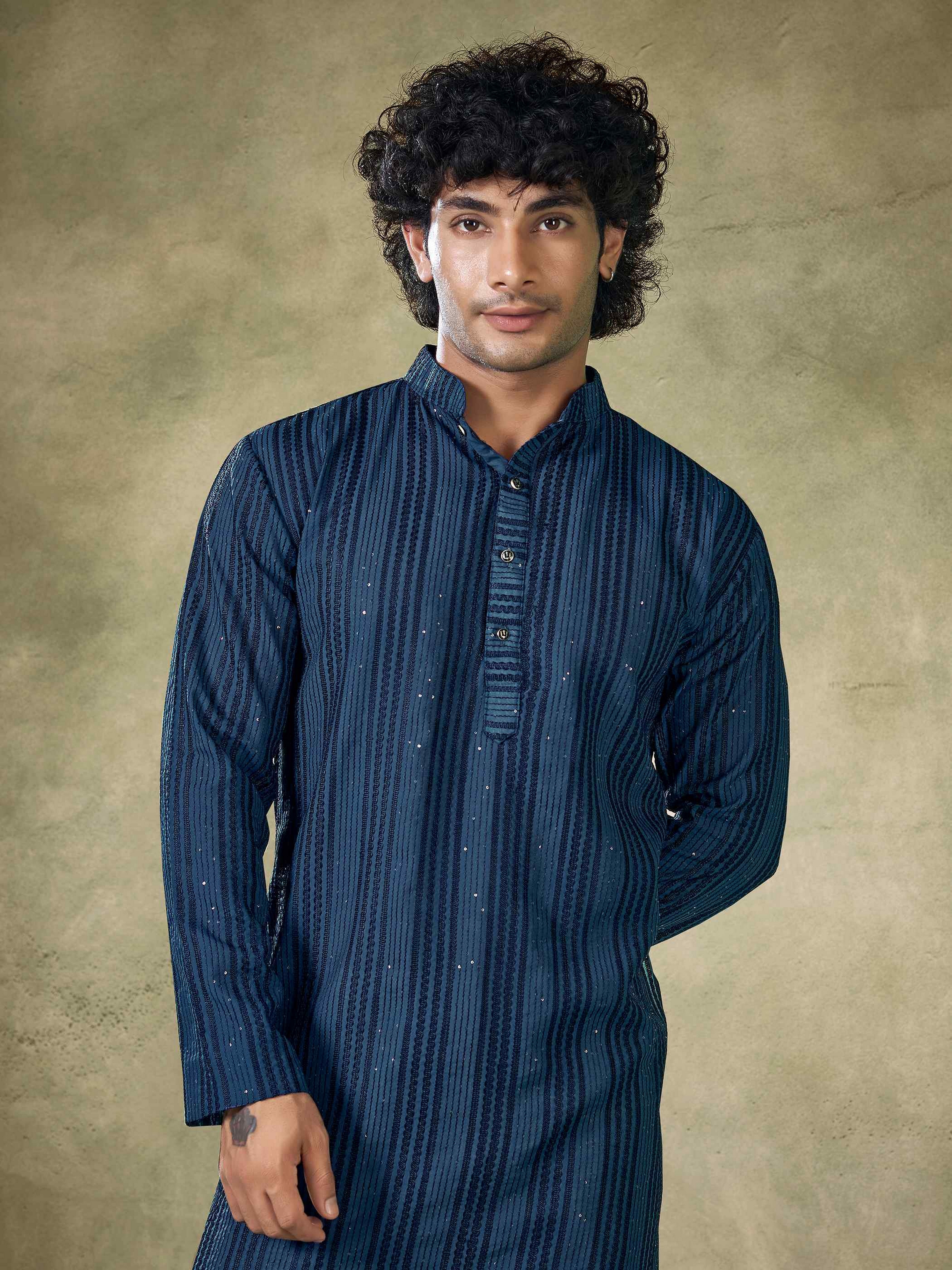 Teal Blue Viscose Kurta Payjama with Sequins – Statement Wedding Look