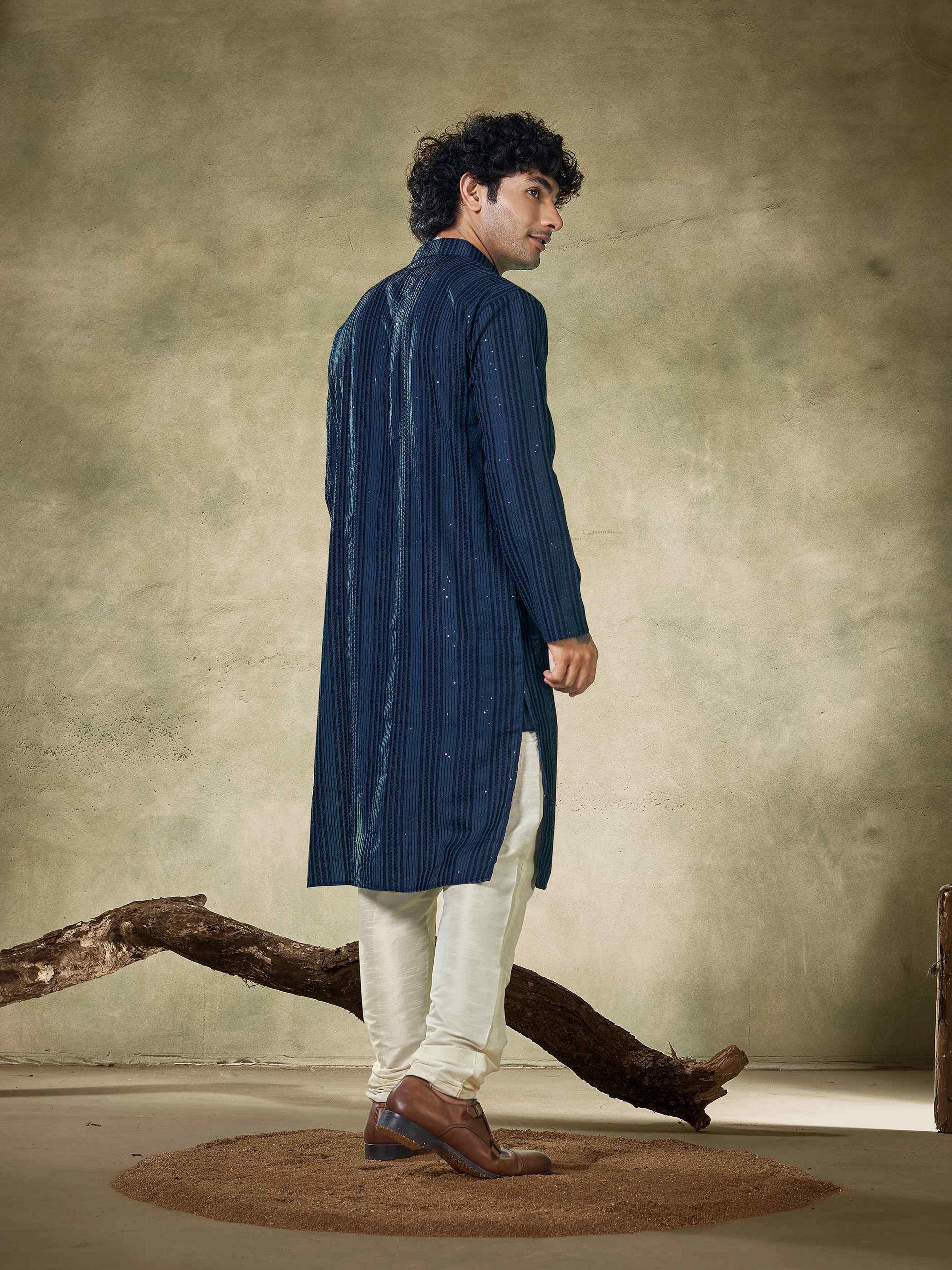 Teal Blue Viscose Kurta Payjama with Sequins – Statement Wedding Look