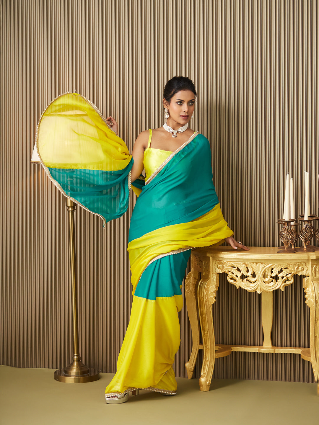 Teal Chiffon Motiwork Lace Blocked Ceremonial Saree