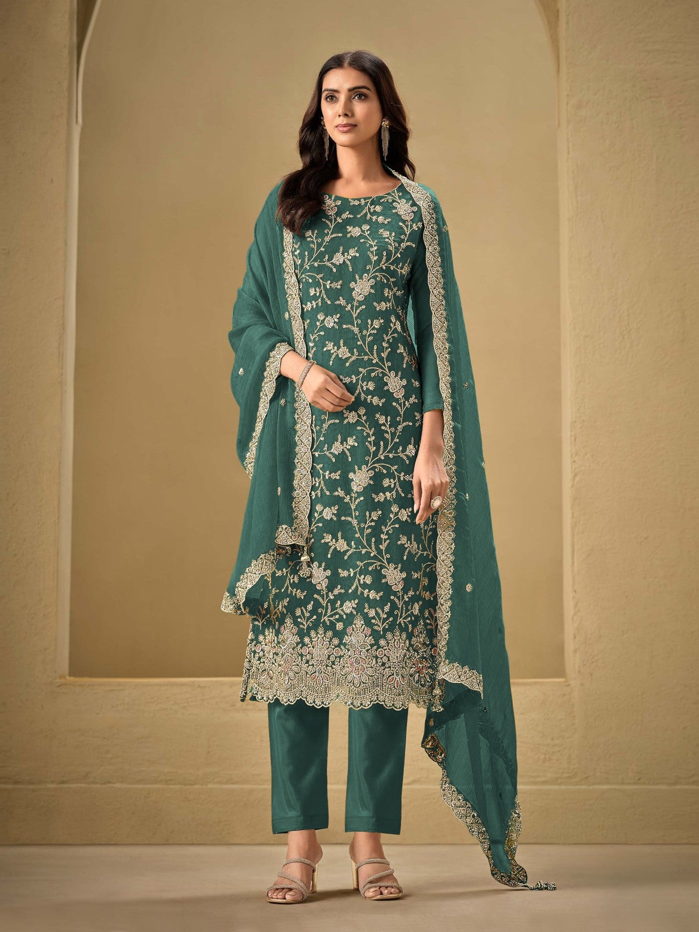 Teal Chinon Designer Suit Set With Elegant Embroidery