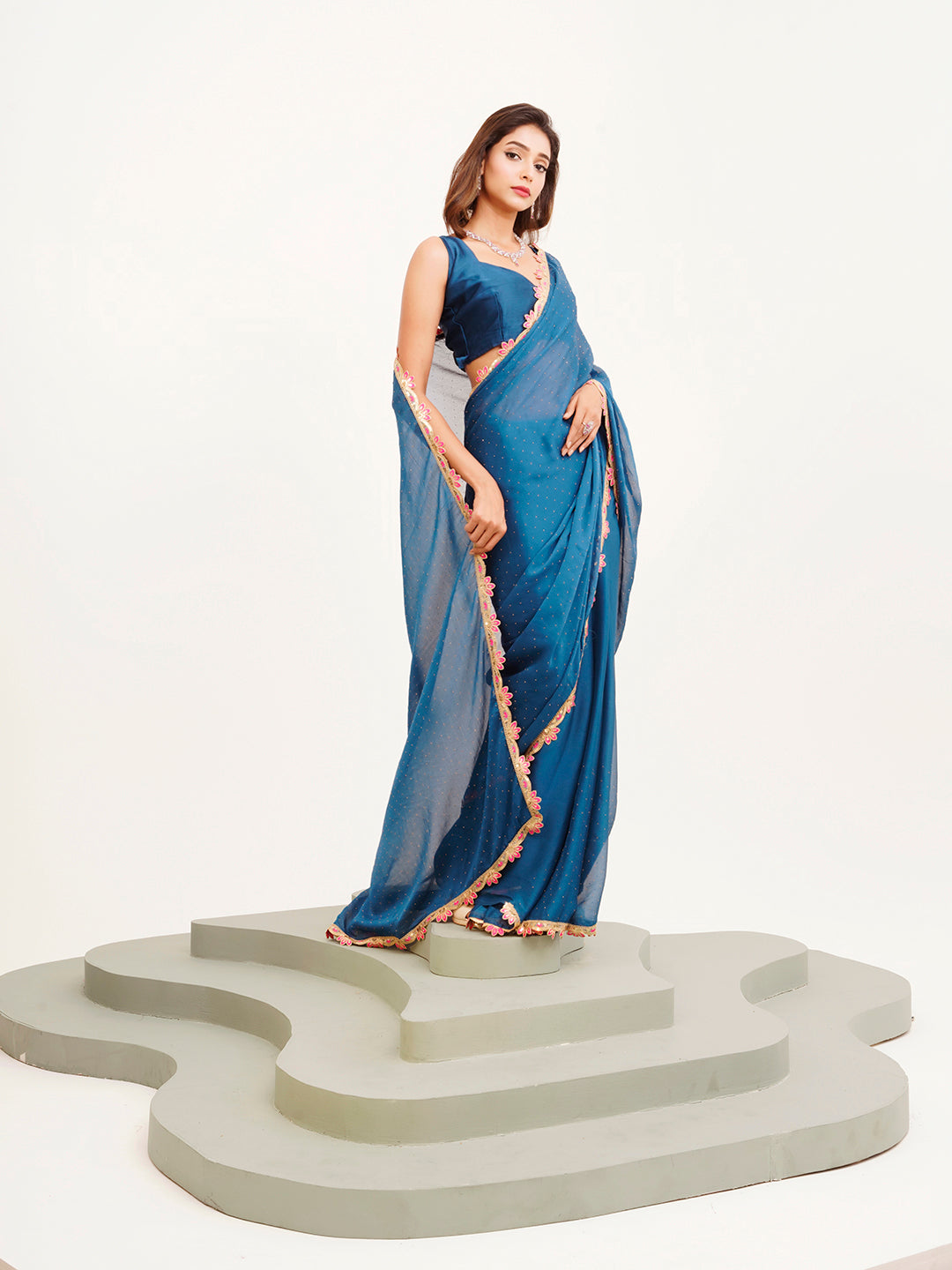 Teal Embellished Sequinned Chiffon Saree For Beautiful Partywear Saree