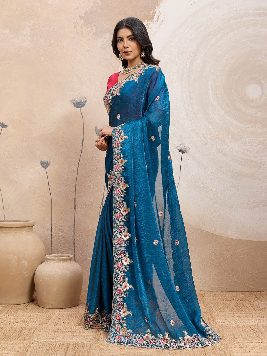 Teal Fendy Chiffon Saree With Embroidery Elegant Designer Saree