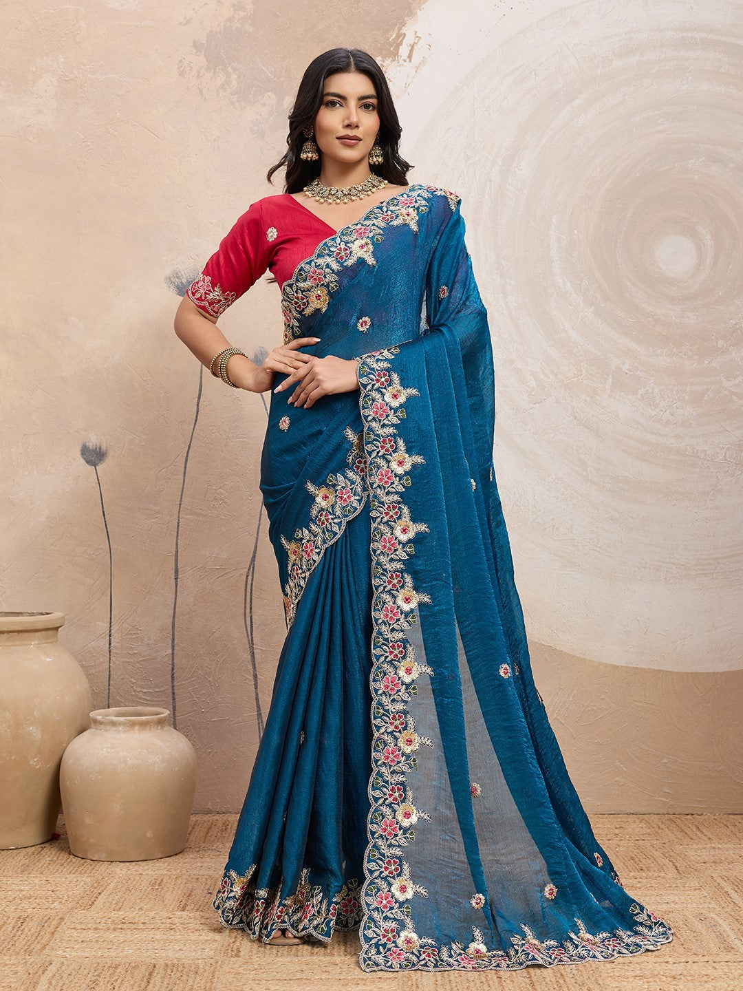 Teal Fendy Chiffon Saree With Embroidery Elegant Designer Saree