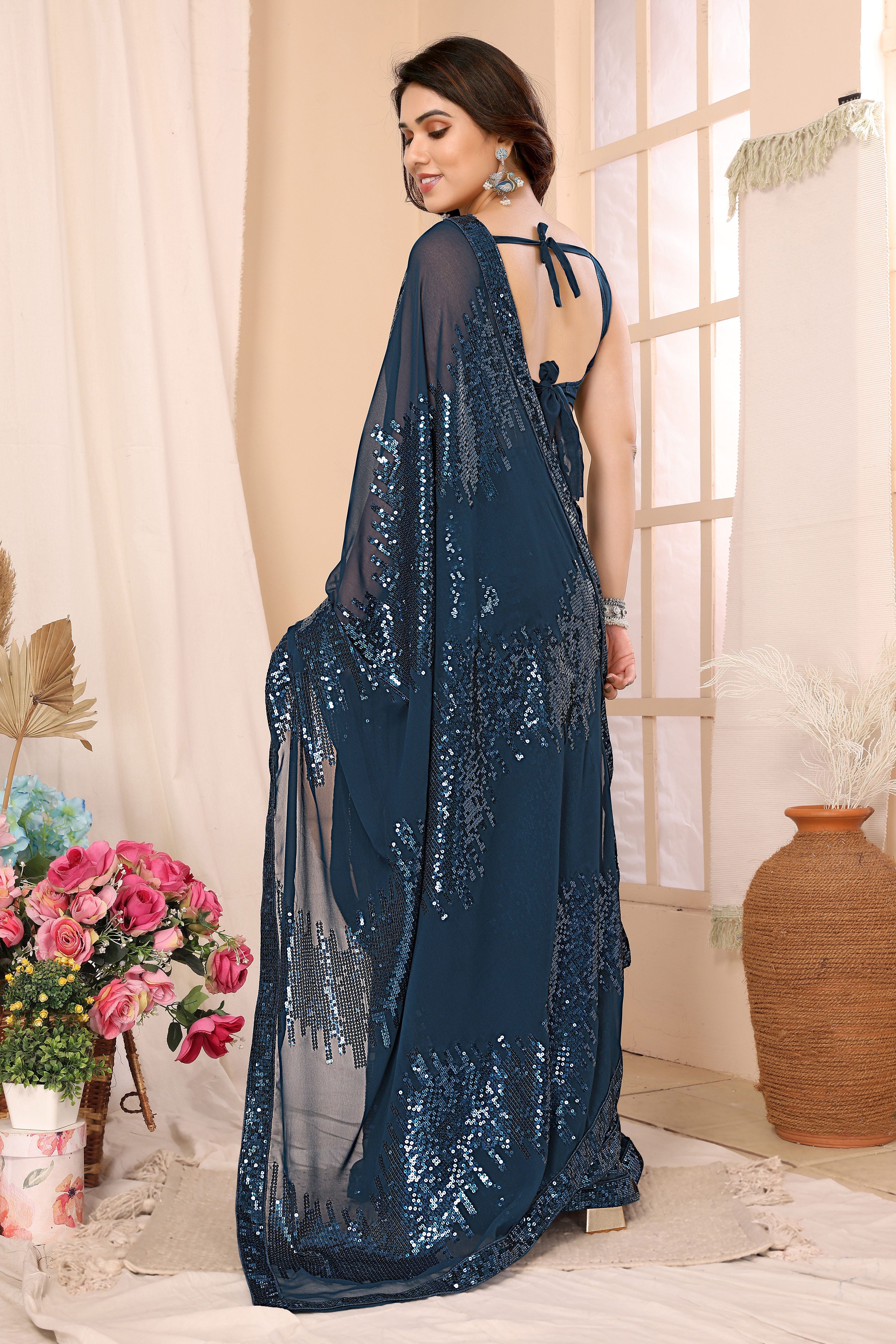 Teal Georgette Ready To Wear Sequins Embroidered Saree