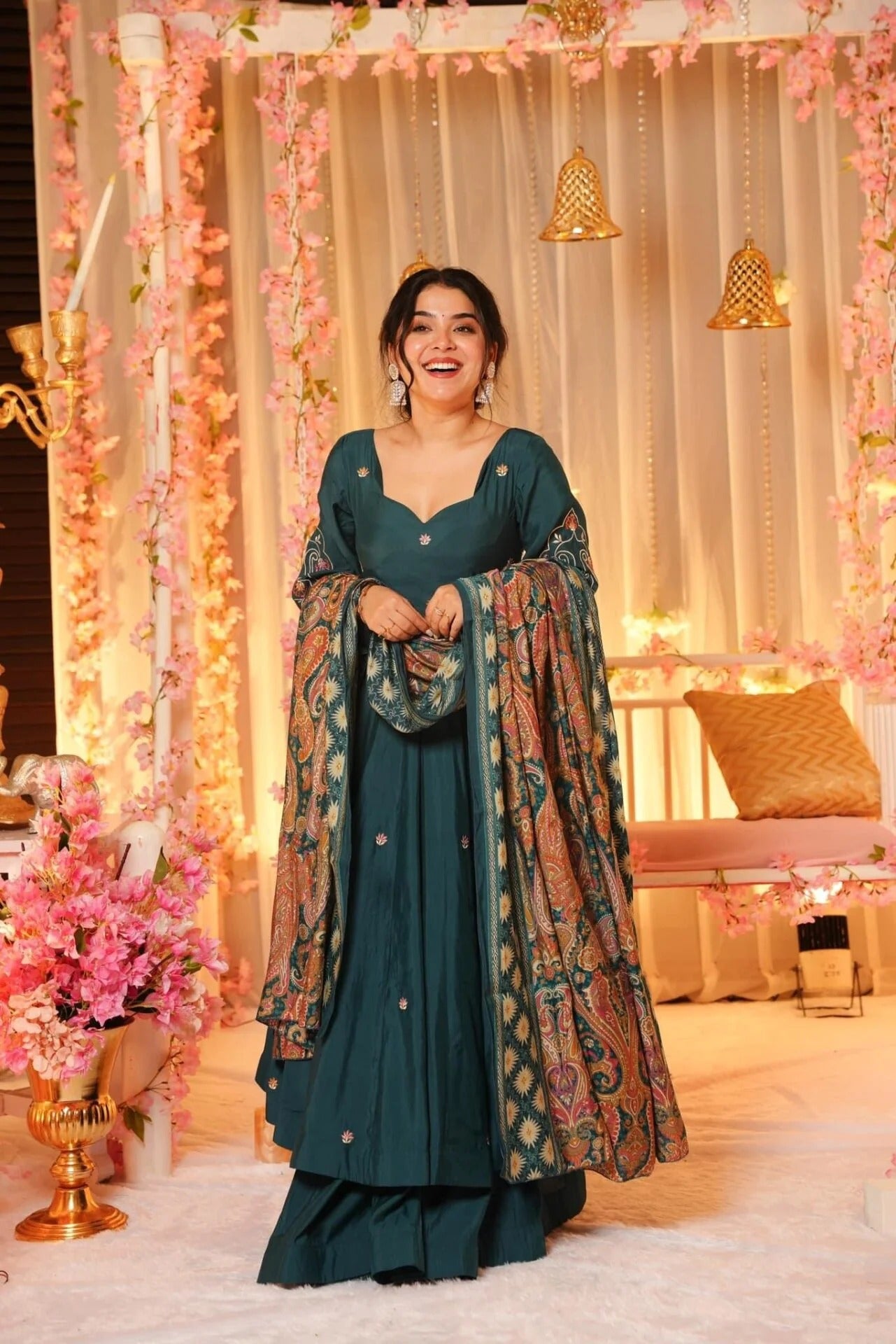 Teal Green Chanderi Kurta Sharara Set With Heavy Thread Embroidery Work With Printed Dupatta