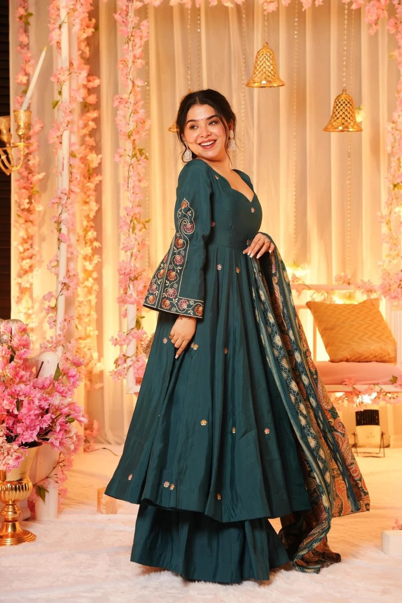 Teal Green Chanderi Kurta Sharara Set With Heavy Thread Embroidery Work With Printed Dupatta