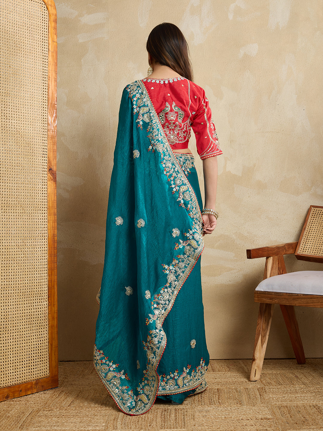 Teal Green Designer Embroidery Work Frendy Chiffon Wedding Ceremony Special Saree