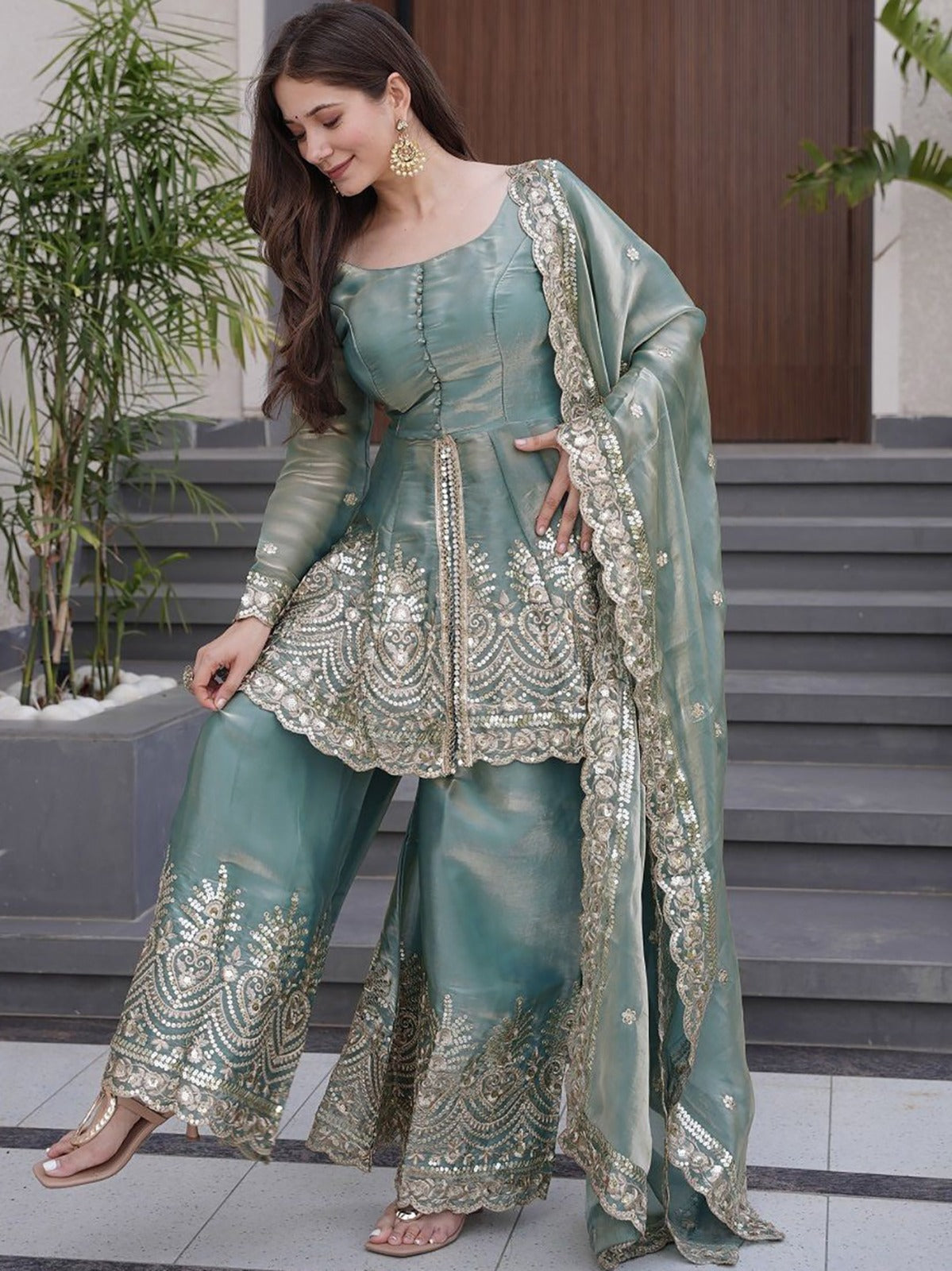 Teal Green Fandy Silk Kurta With Sharara Set With Heavy Thread Embroidery Work