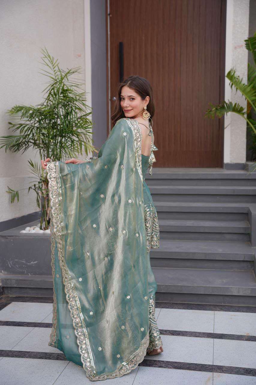 Teal Green Fandy Silk Kurta With Sharara Set With Heavy Thread Embroidery Work