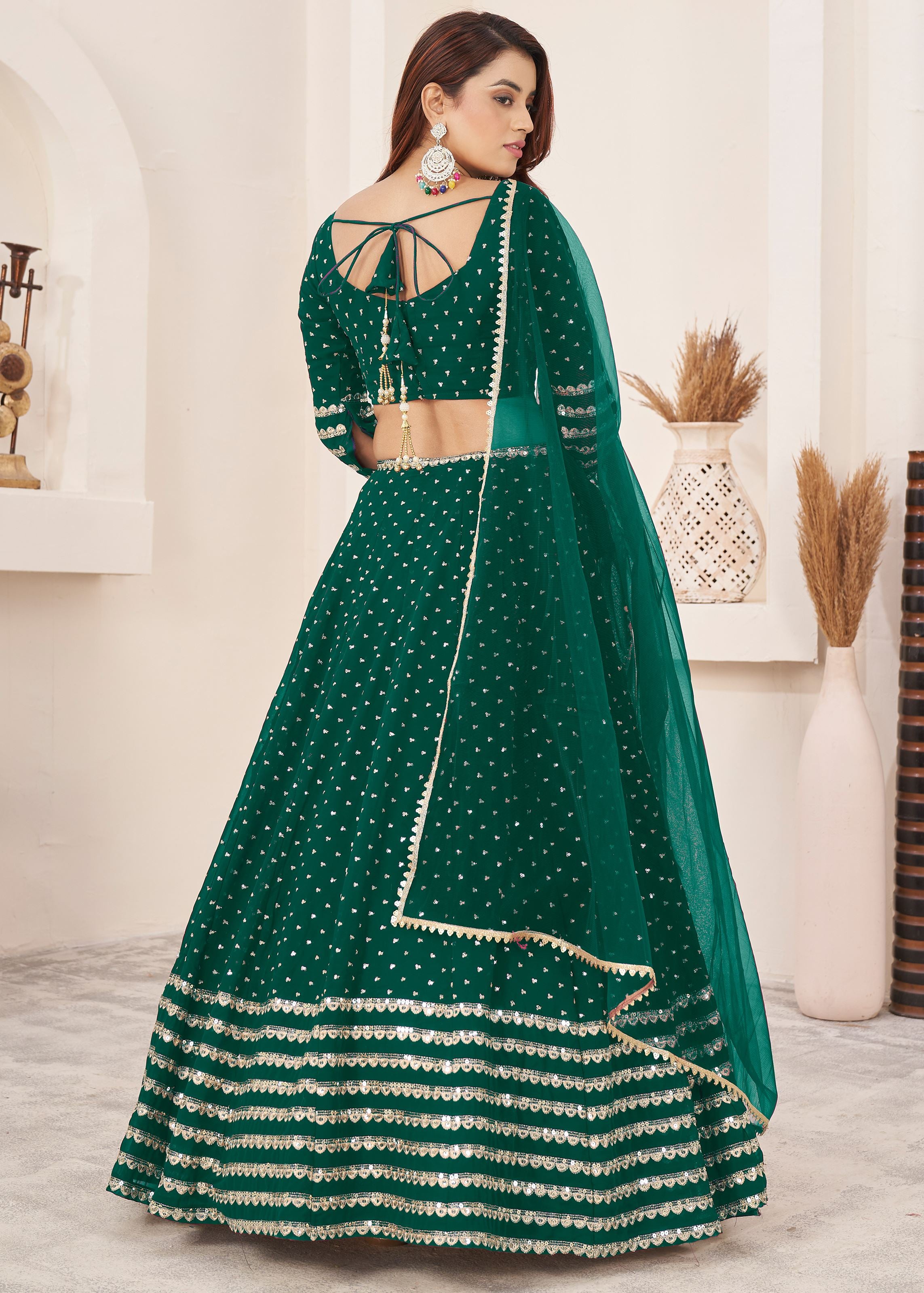 Teal Green Georgette Lehenga Choli With Sequins Zari Embroidered Work