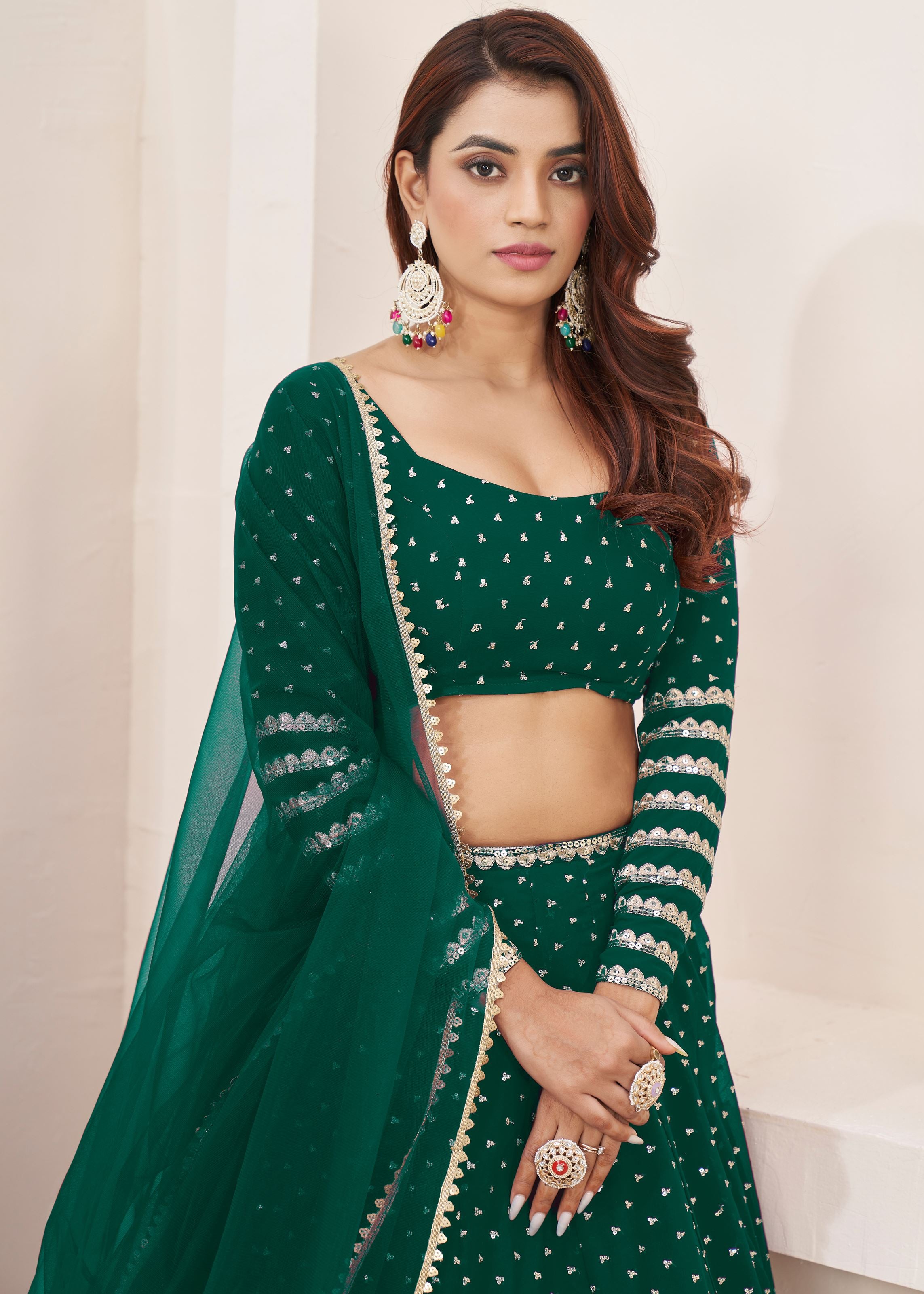Teal Green Georgette Lehenga Choli With Sequins Zari Embroidered Work