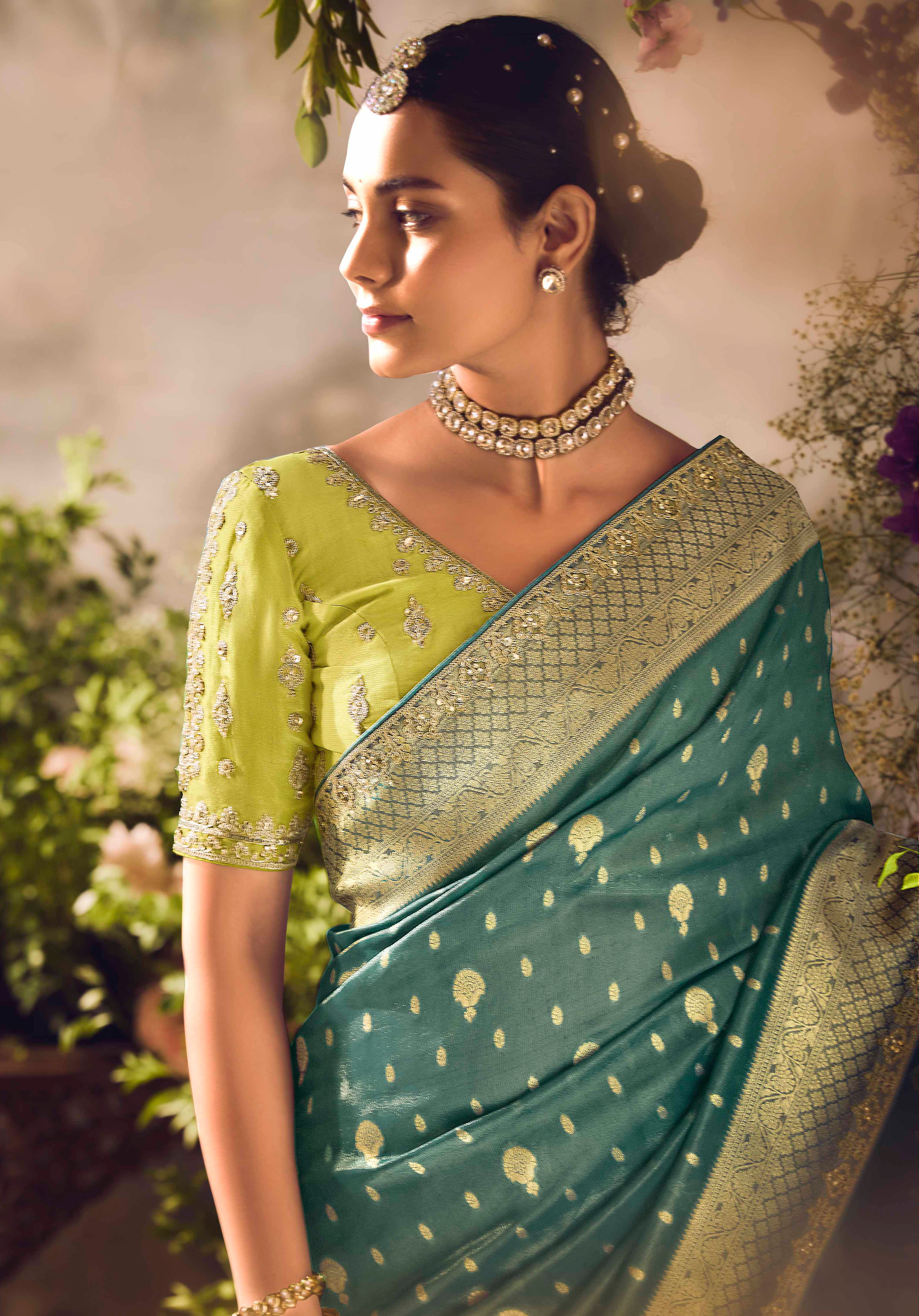 Teal Green Saree With Jacquard Woven Work with Embroidered Lace Border
