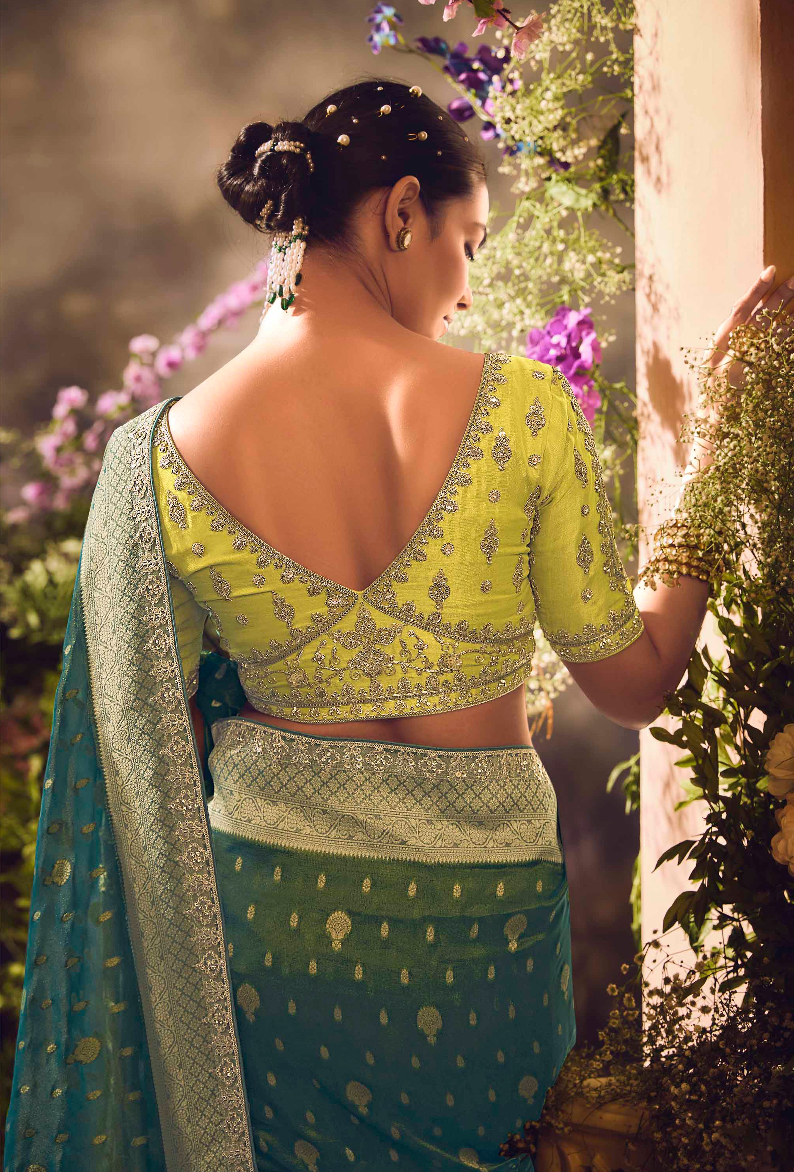 Teal Green Saree With Jacquard Woven Work with Embroidered Lace Border