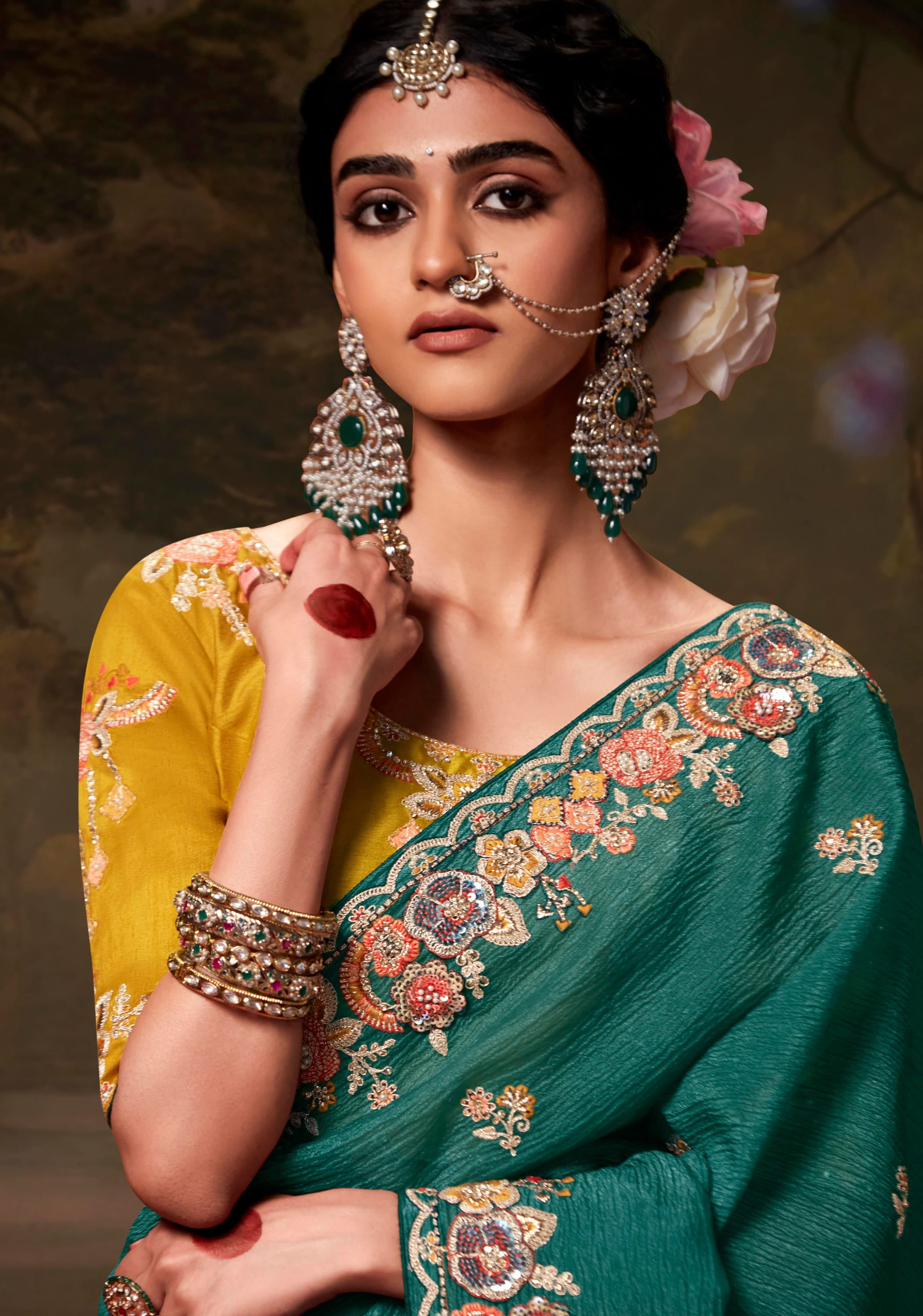 Teal Green Saree with Heavy Thread Embroidery Sequins Work and Embroidery Blouse