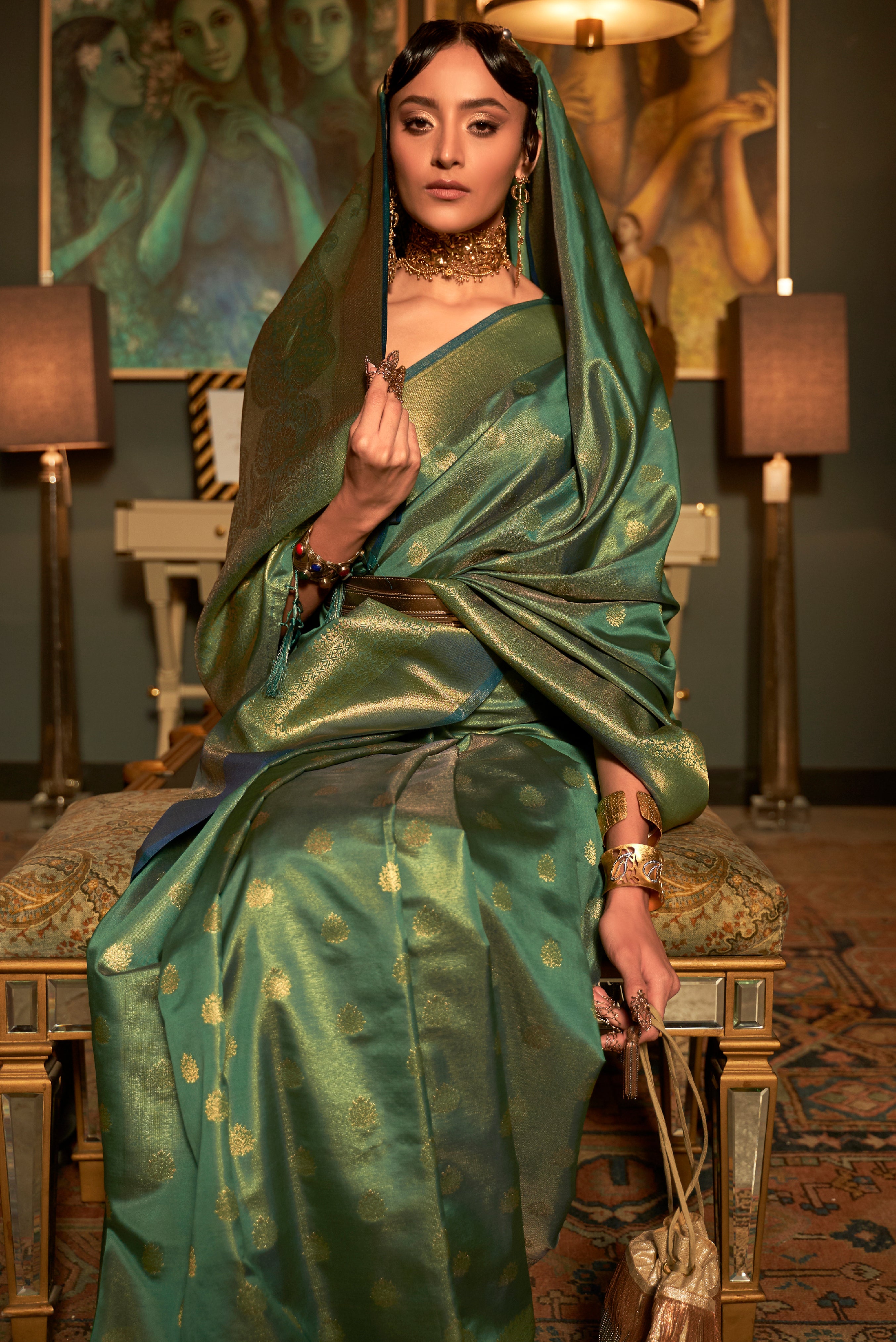 Teal Green Silk Saree with Jacquard Woven Work