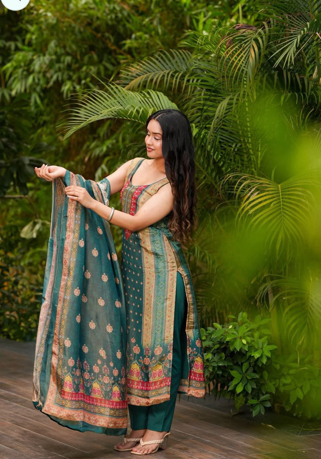 Teal Green Zarna Silk Kurta Pant Set Printed
