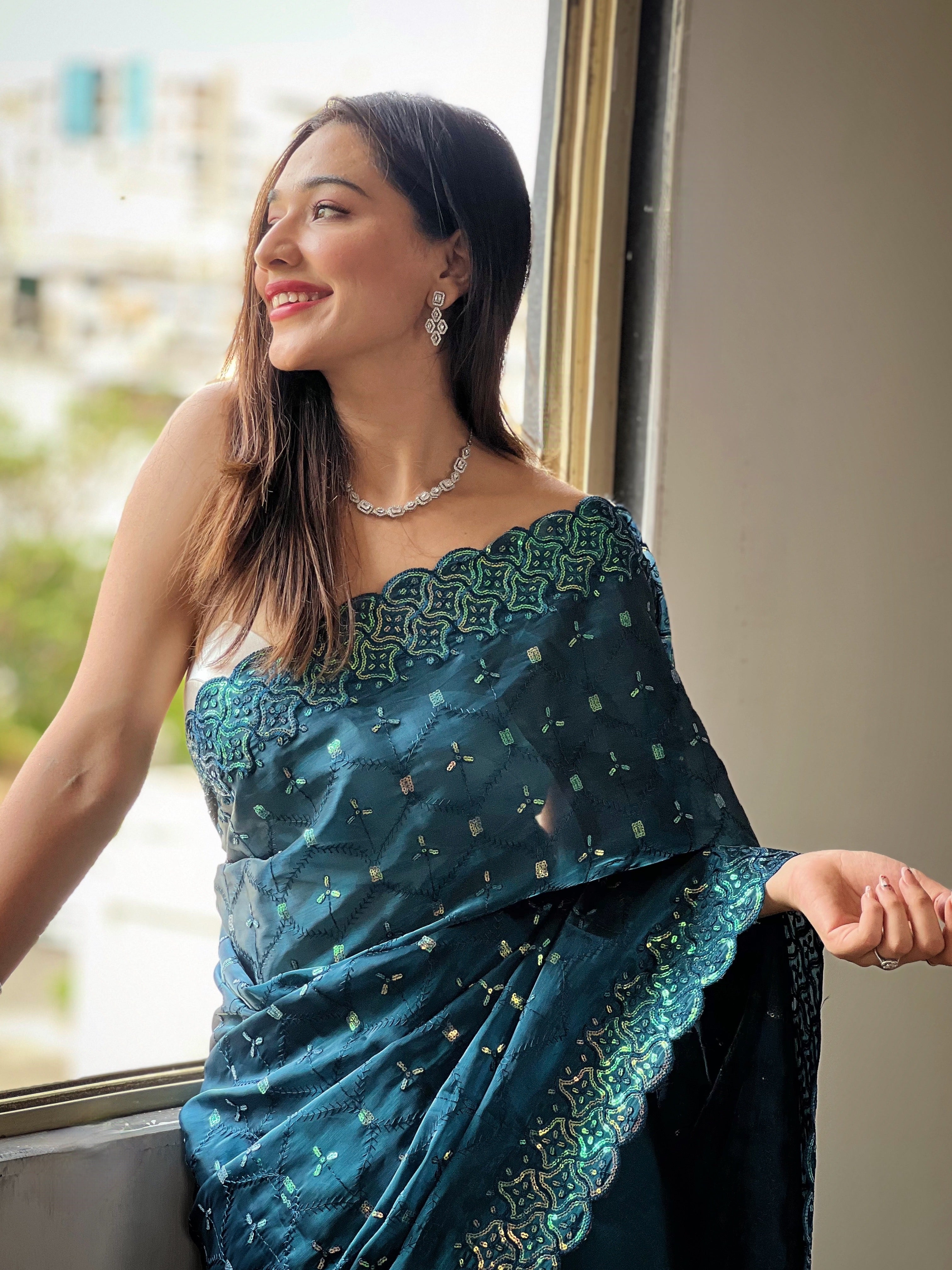 Teal Jimmy Choo Fabric Designer Bollywood Sequins Work Saree