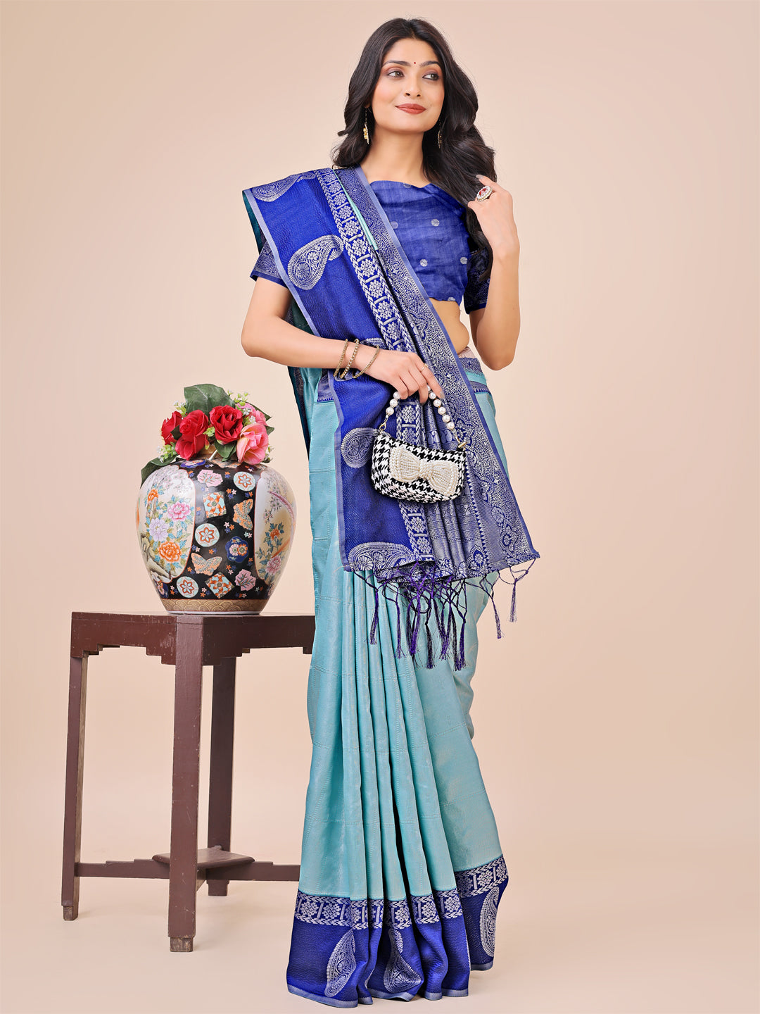 Teal Lichi Silk Woven Designer Festive Graceful Saree