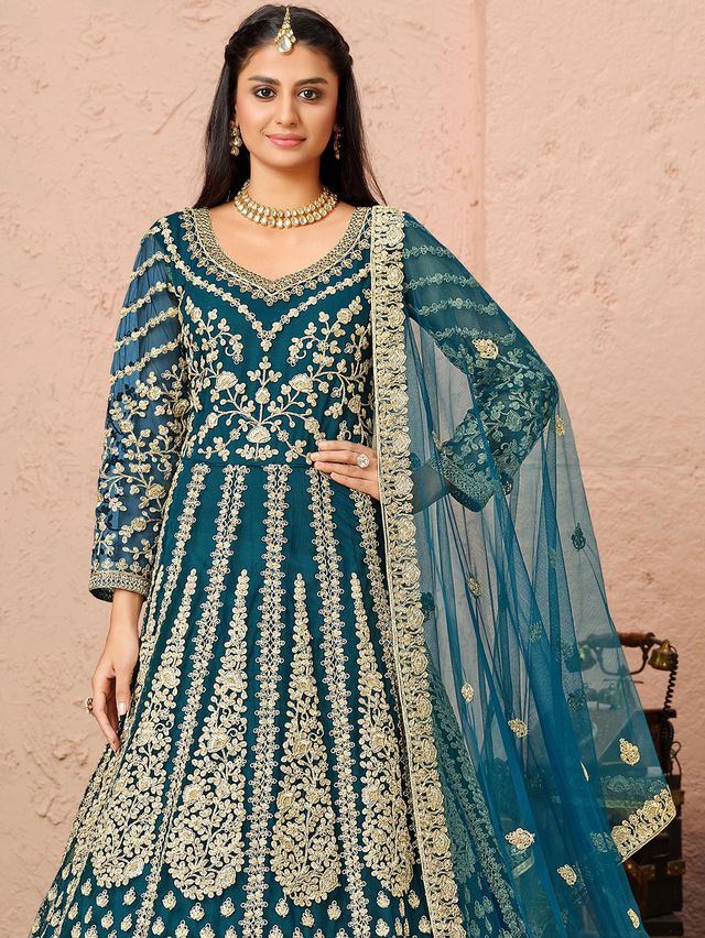 Teal Net Heavy Thread Embroidery And Zari Work Anarkali Suits
