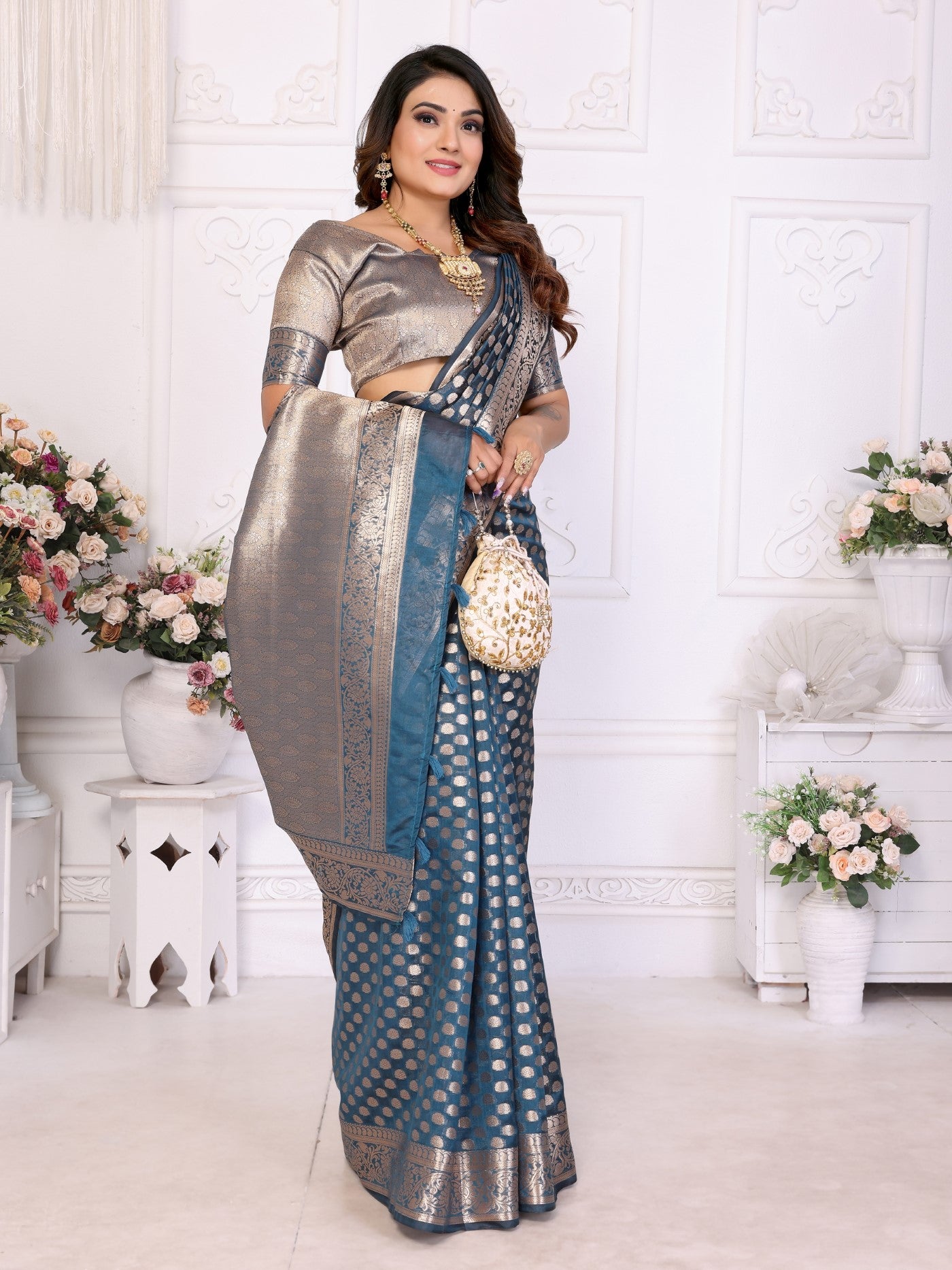 Teal Organza Silk Saree With Classic Weaving