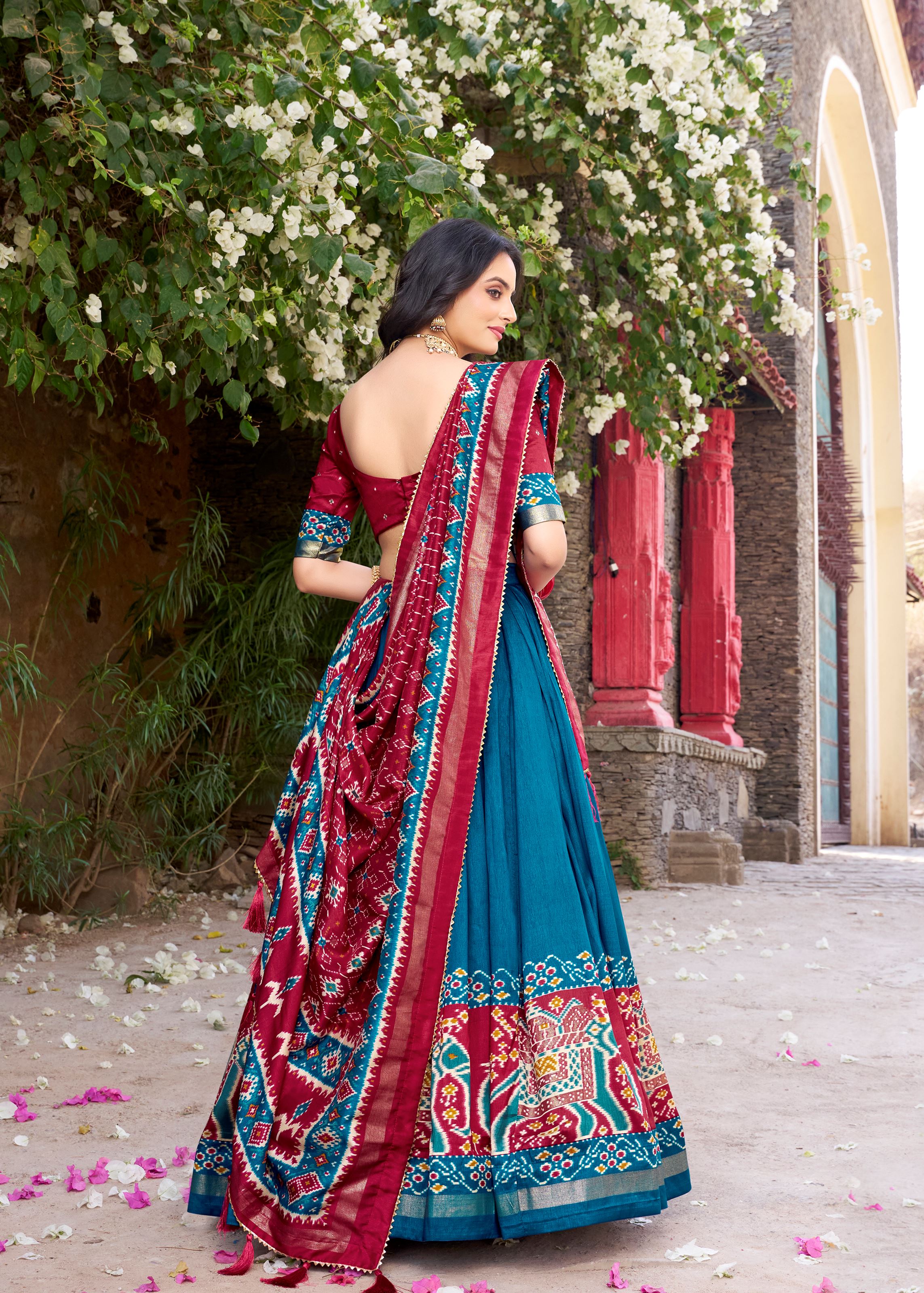 Teal Perfection Patola Printed Tussar Silk Lehenga with Foil Highlights