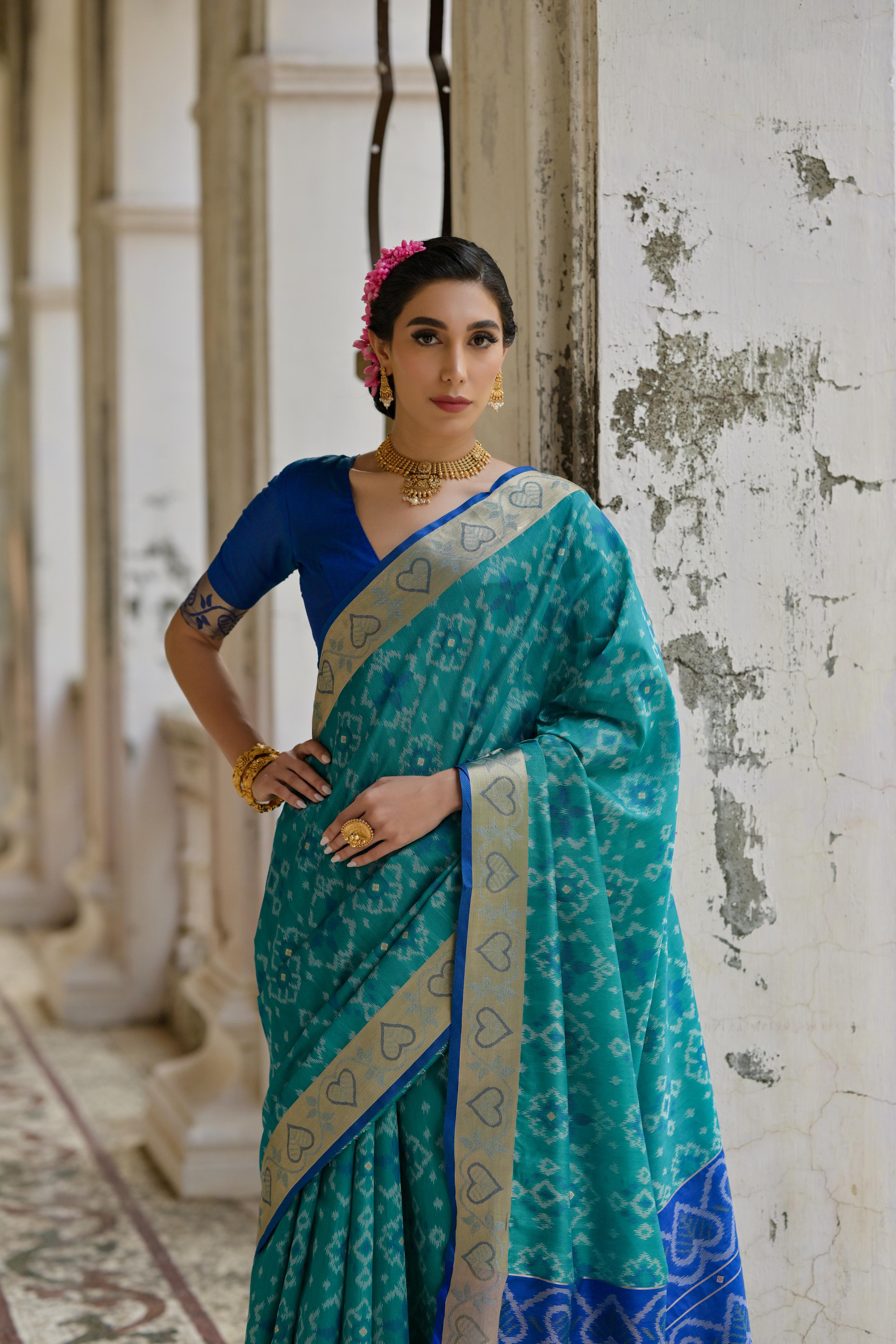Teal Raw Silk Woven Ikat Designer Ceremonial Saree