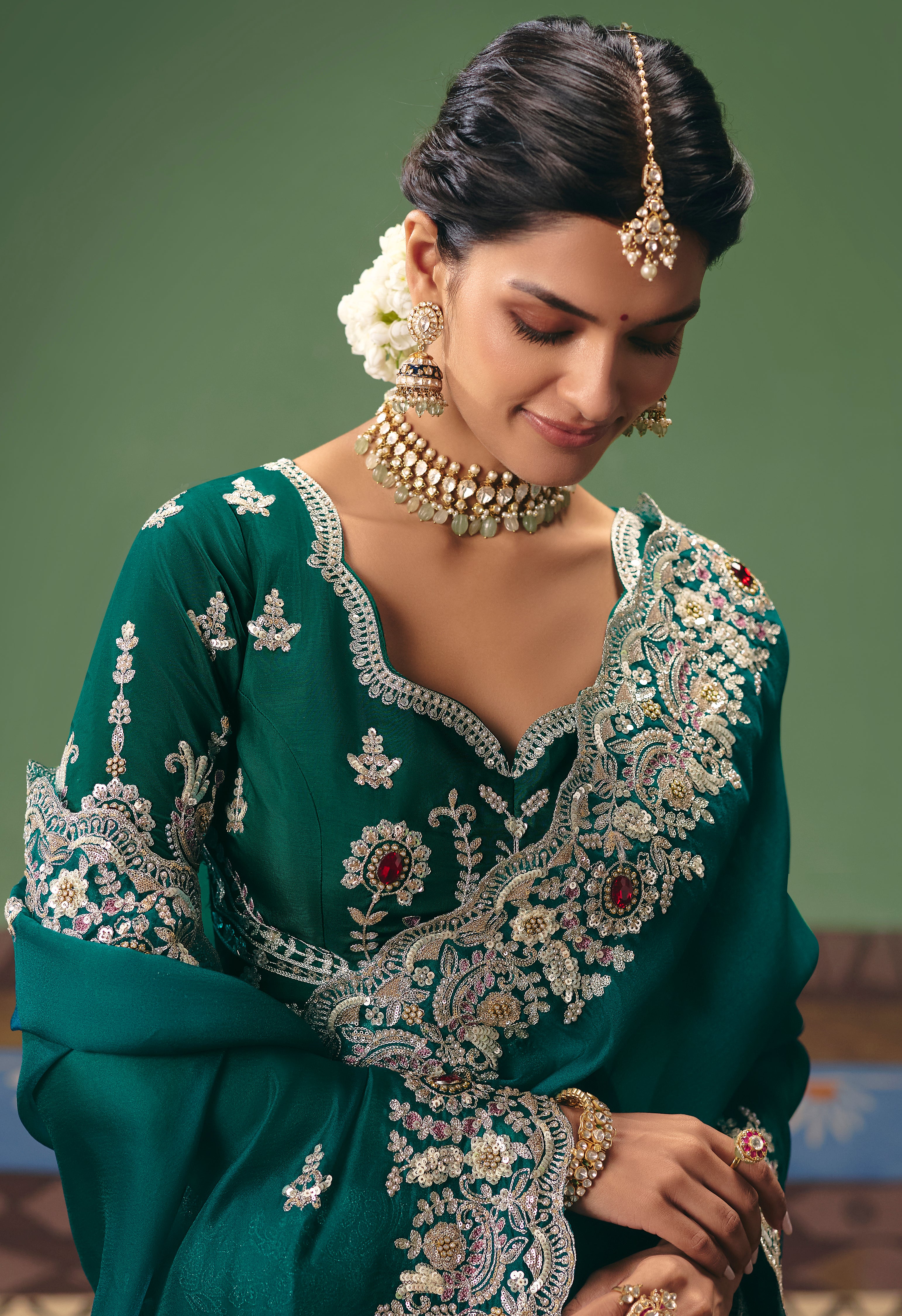 Teal Saree With Heavy Designer Embroidery, Sequince, Stone, Pearl With Beads Work