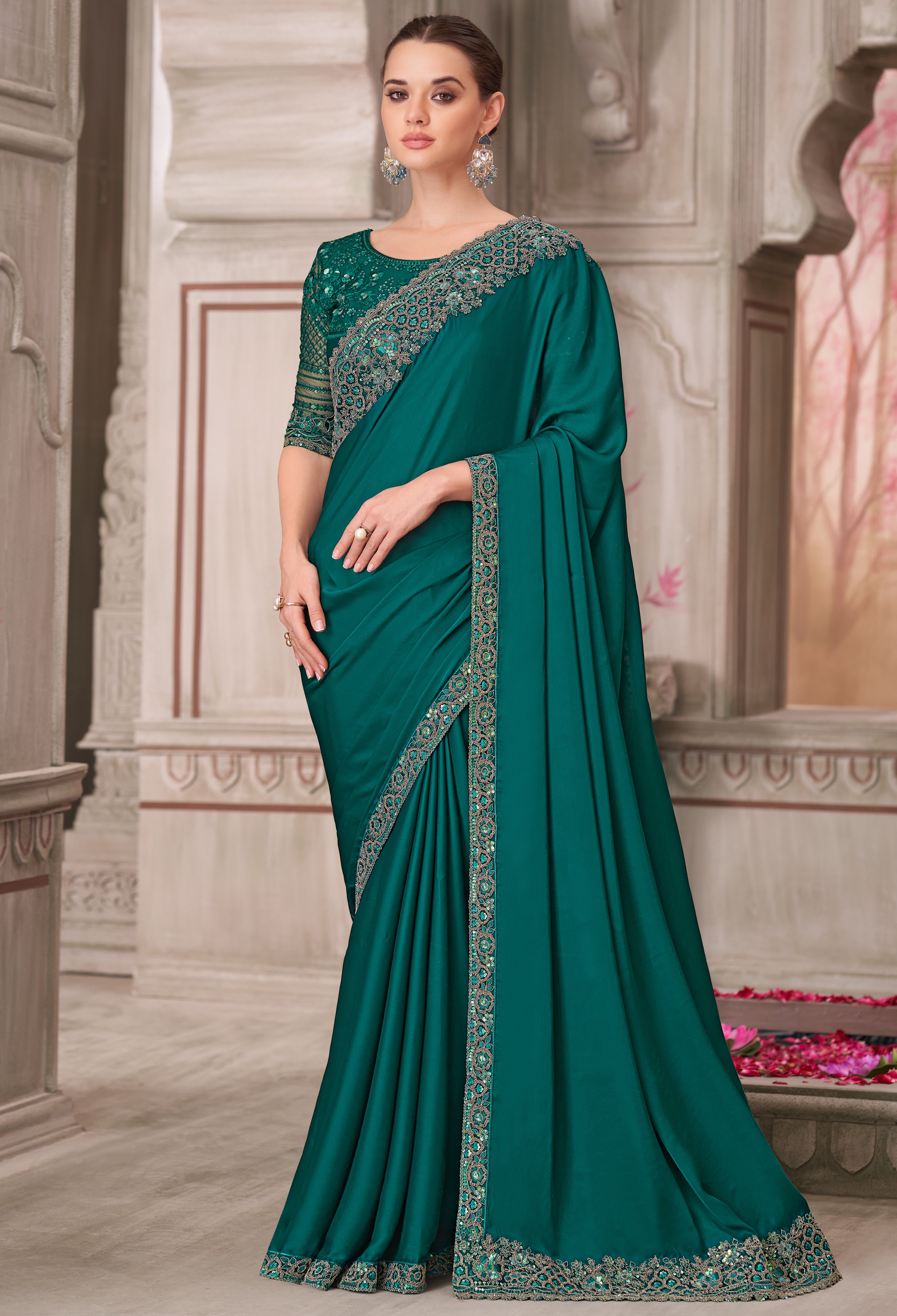 Teal Saree With Heavy Thread Embroidery Sequins Border Work With Embroidery Blouse