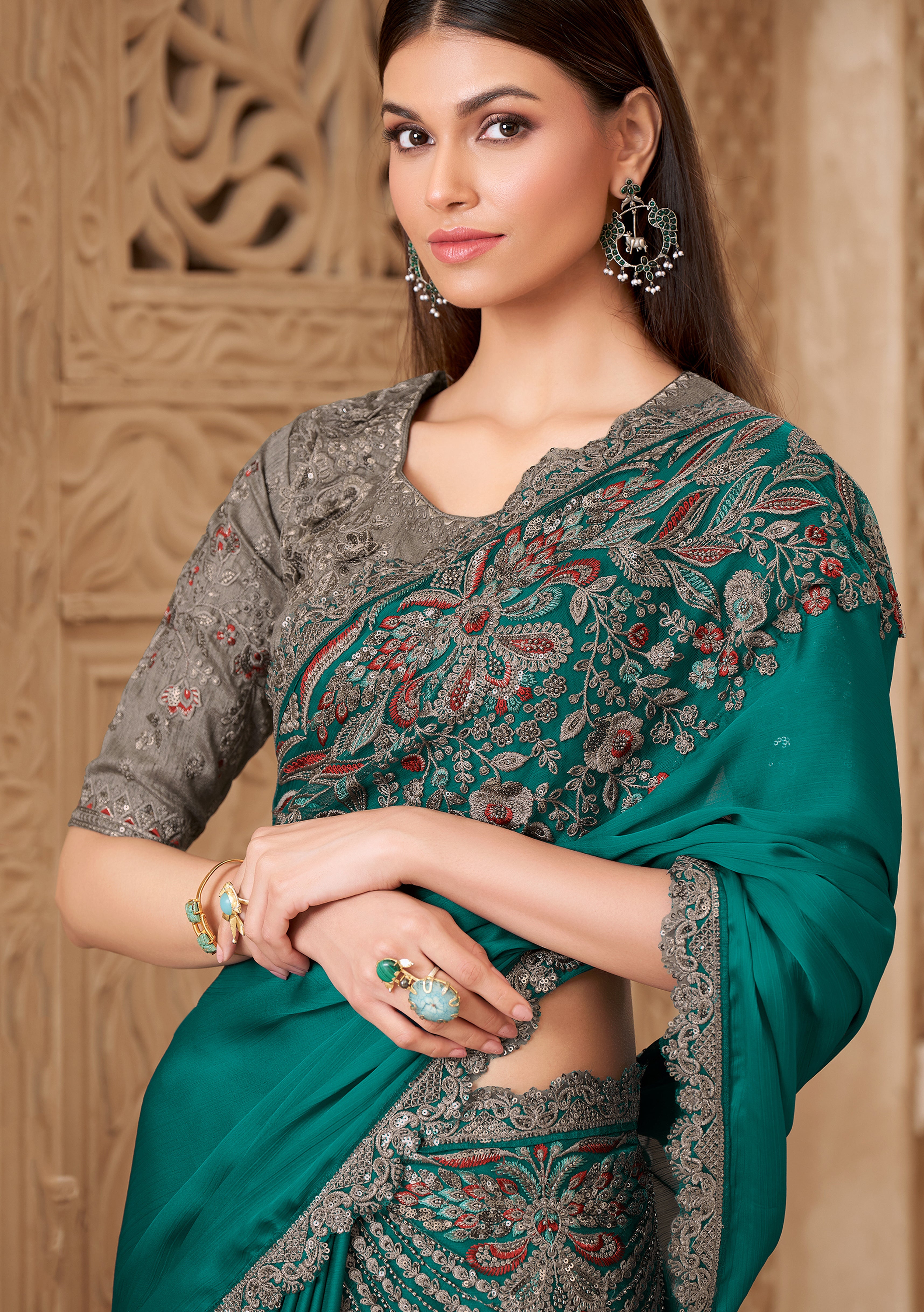 Teal Saree With Heavy Thread Embroidery, Stone Sequins Border Work With Embroidery Blouse