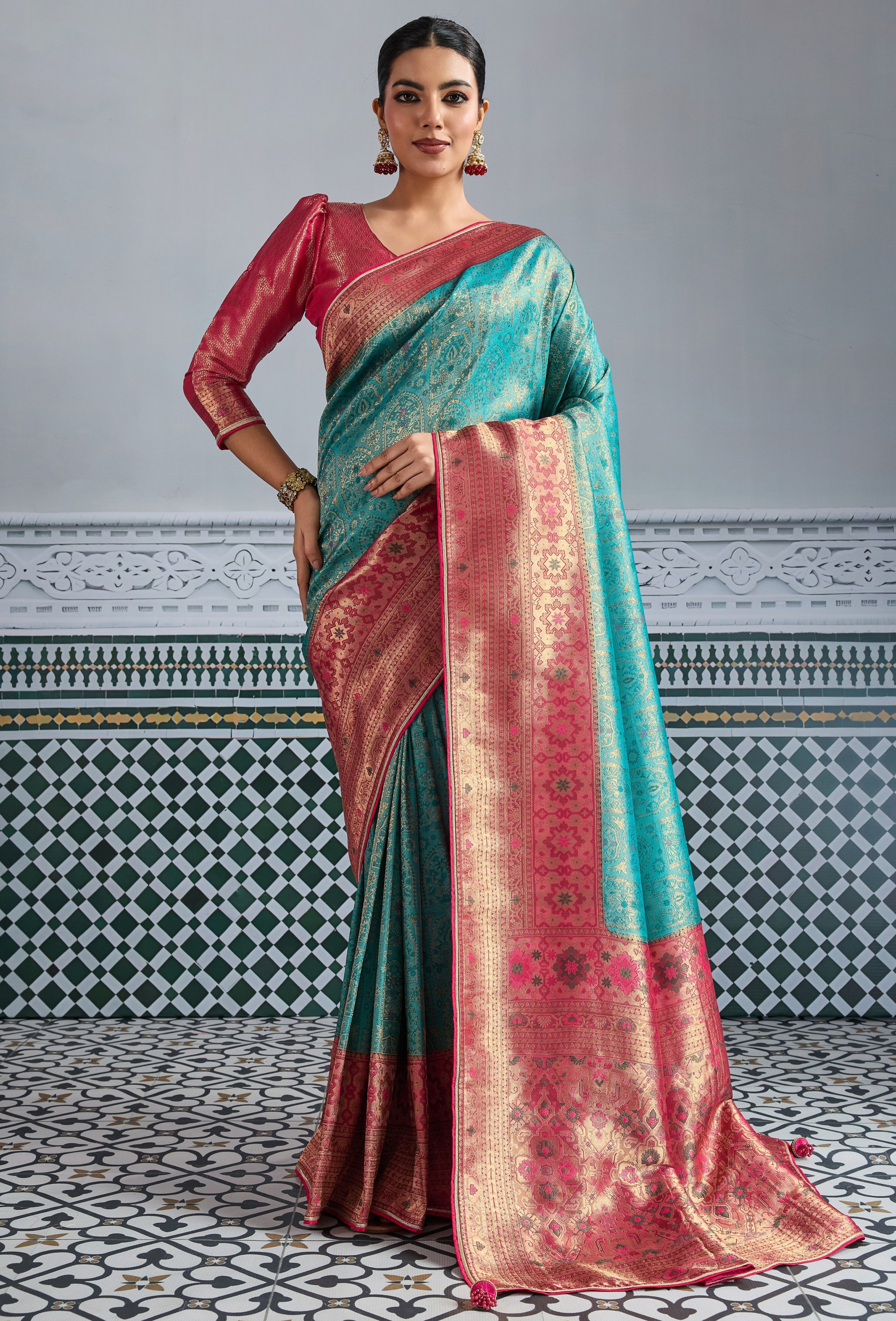 Teal Saree With Zari Meenakari Woven all over the saree With Broad & Intricate Patta, Exquisite Grand Pallu