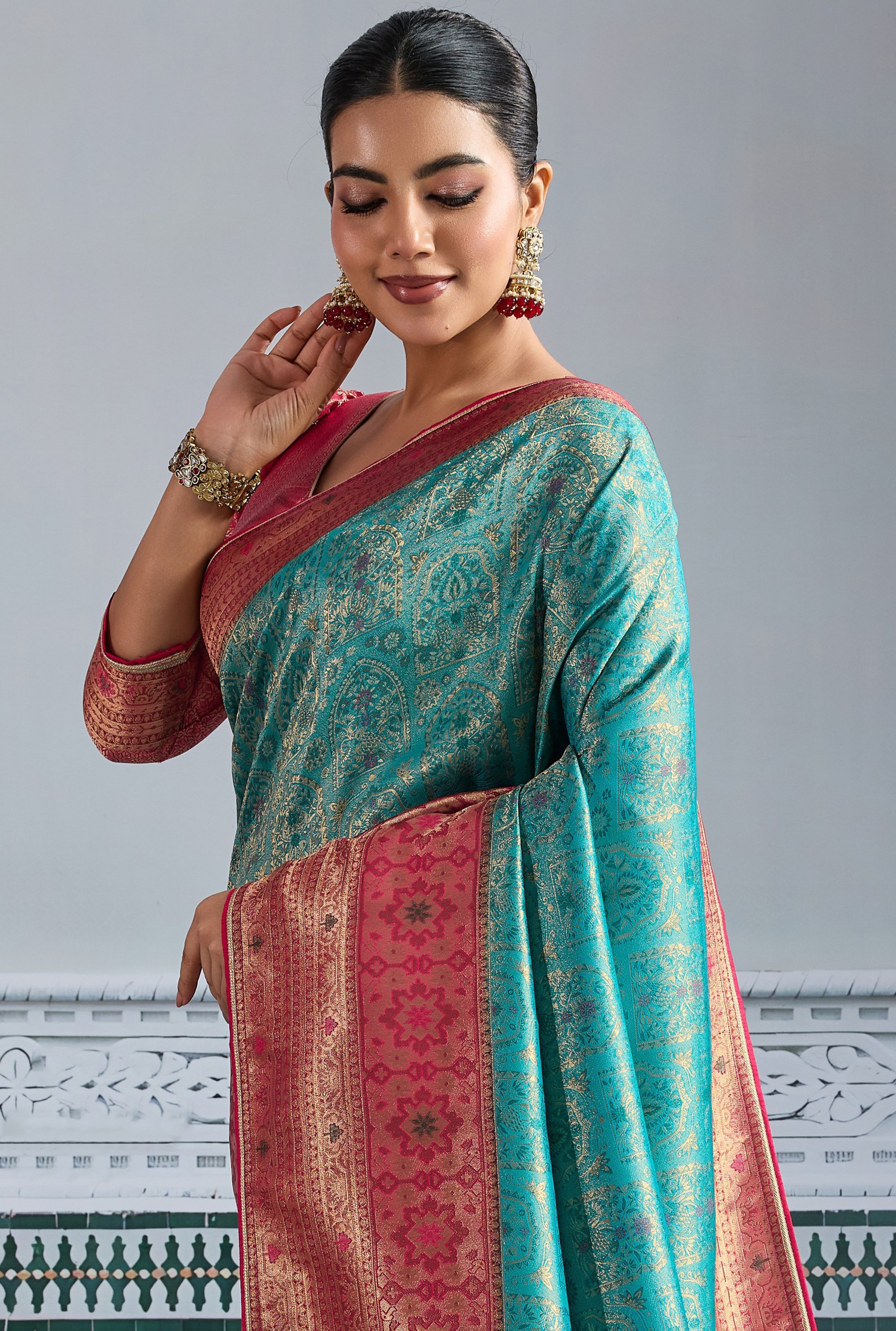 Teal Saree With Zari Meenakari Woven all over the saree With Broad & Intricate Patta, Exquisite Grand Pallu