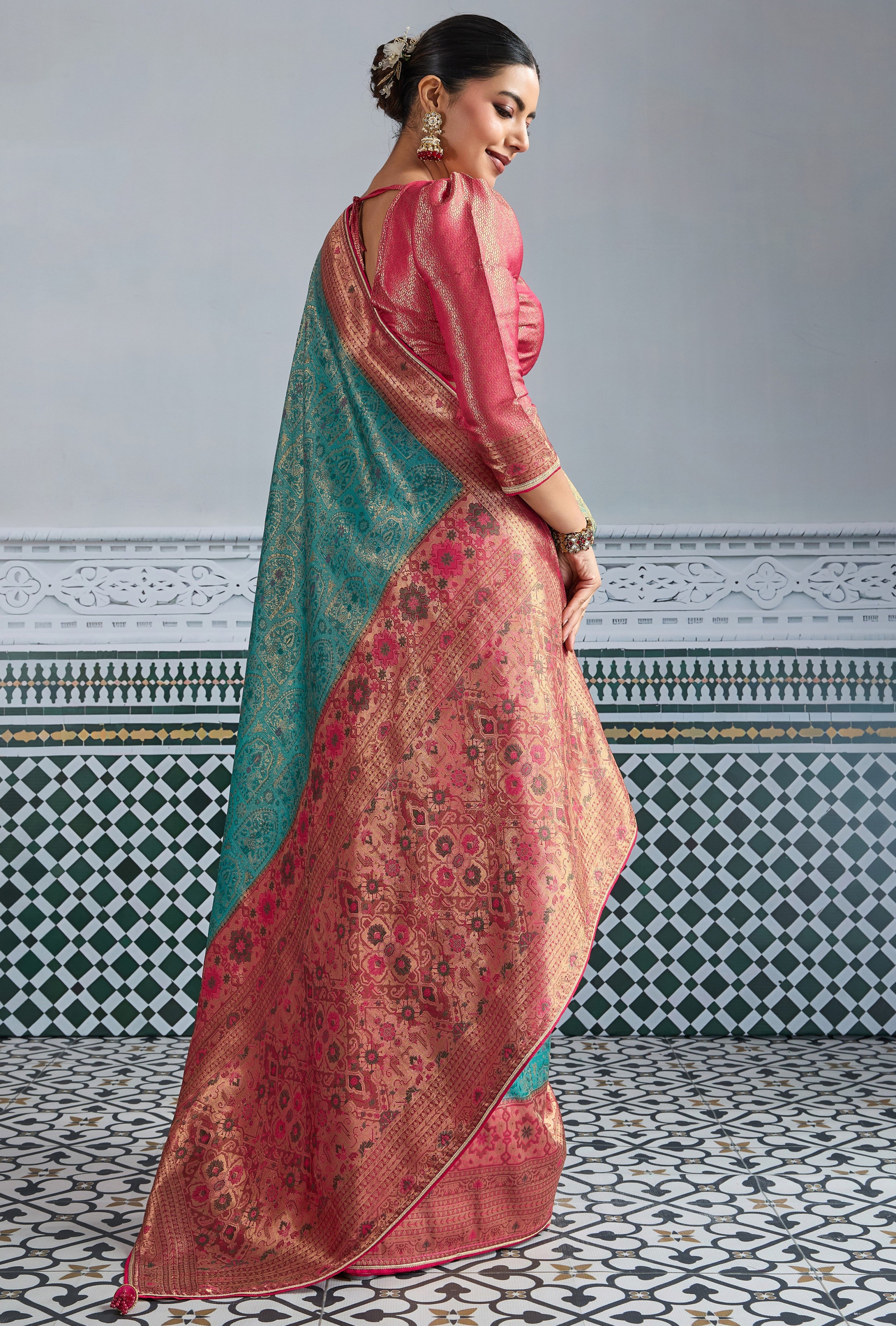 Teal Saree With Zari Meenakari Woven all over the saree With Broad & Intricate Patta, Exquisite Grand Pallu
