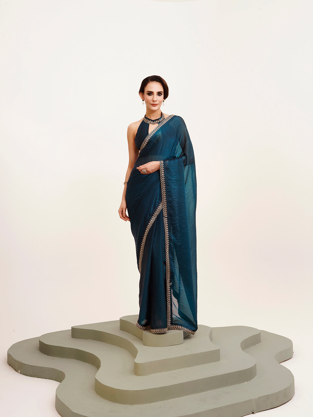 Teal Satin Embellished Beads And Stones Work Fancy Saree